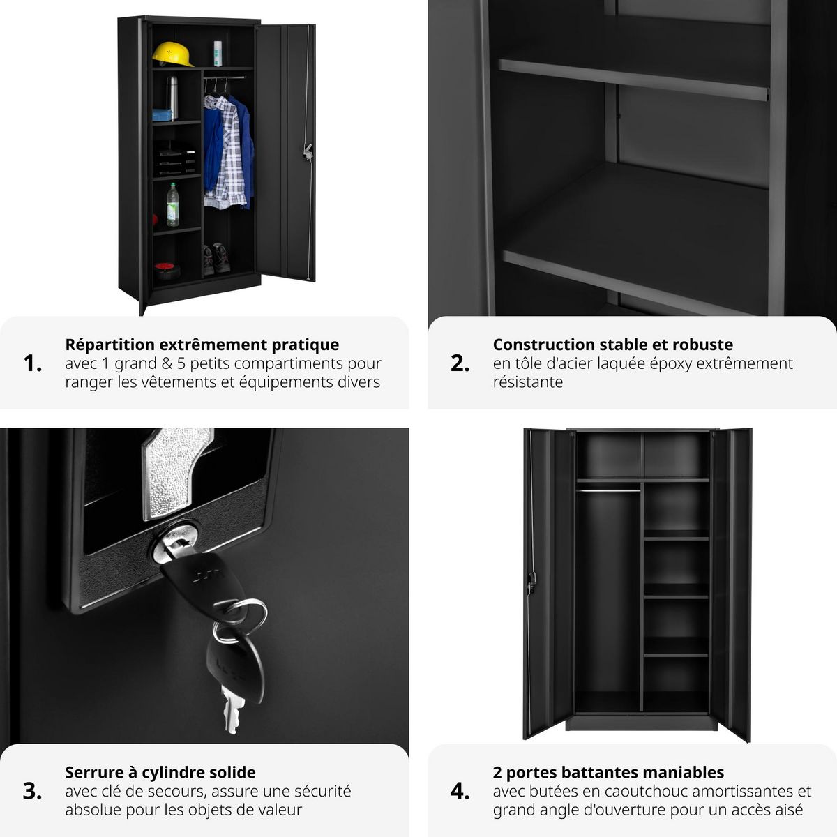 tectake Vestiaire en métal en Acier lâqué époxy noir