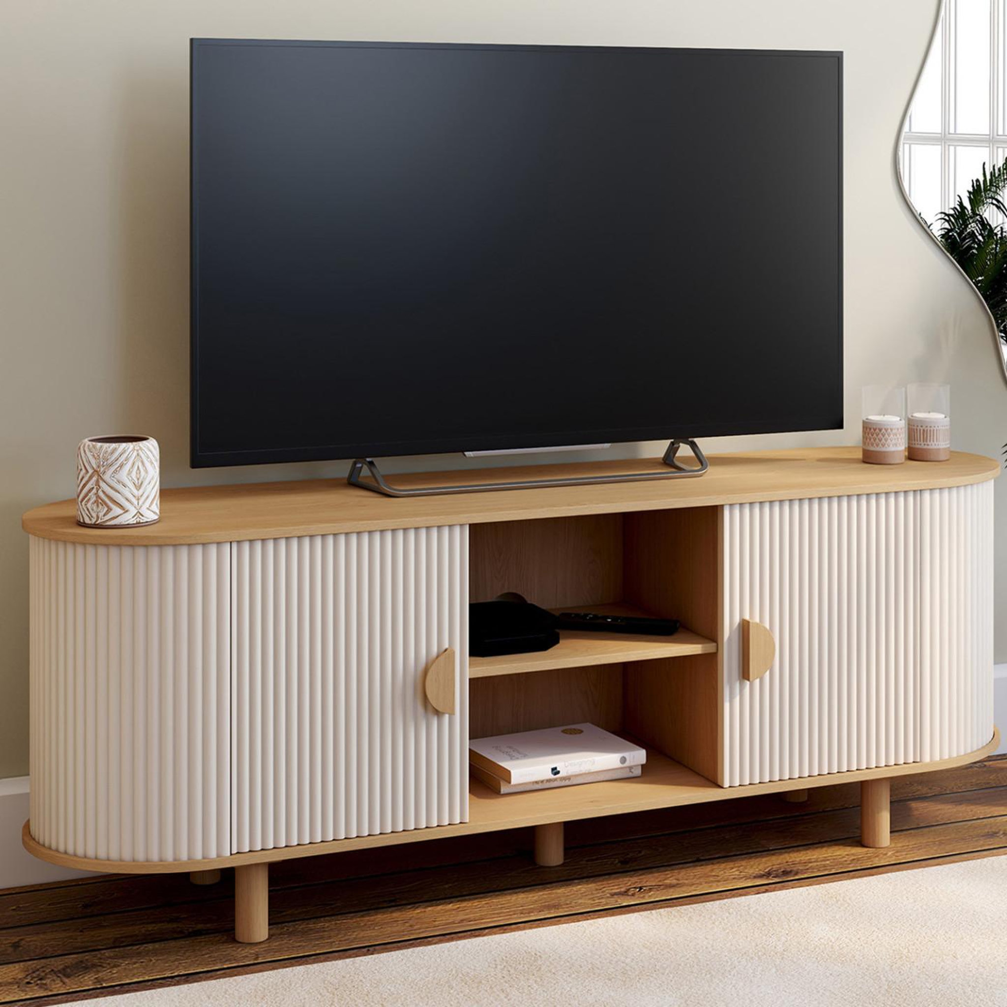 Voir la diapositive 2 : ID MARKET Meuble tv 140 cm kanel 2 portes effet cannelé beige et bois