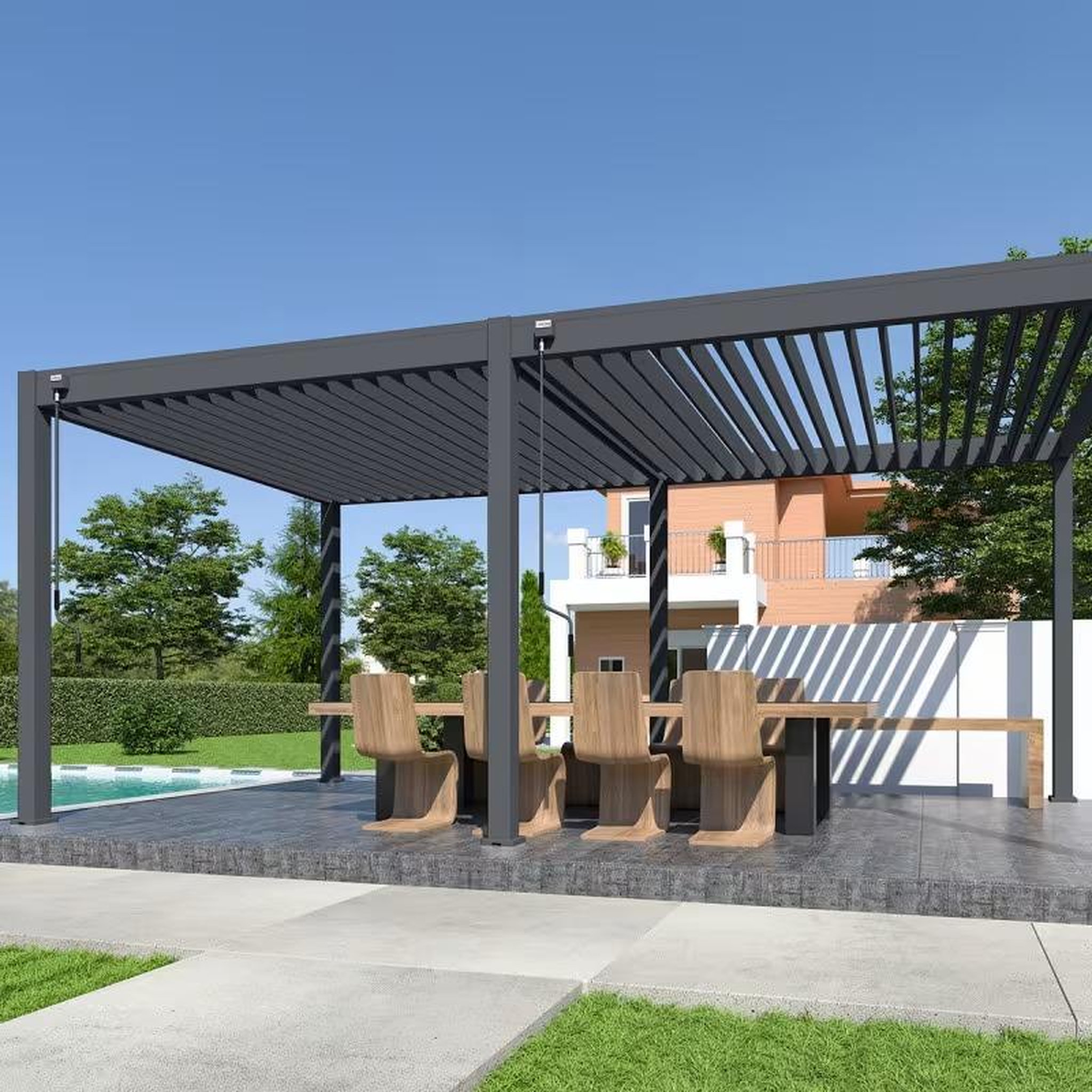 CENTRALE BRICO Pergola bioclimatique autoportante 6 x 3 m à lames orientables - aluminium anthracite - stores latéraux inclus