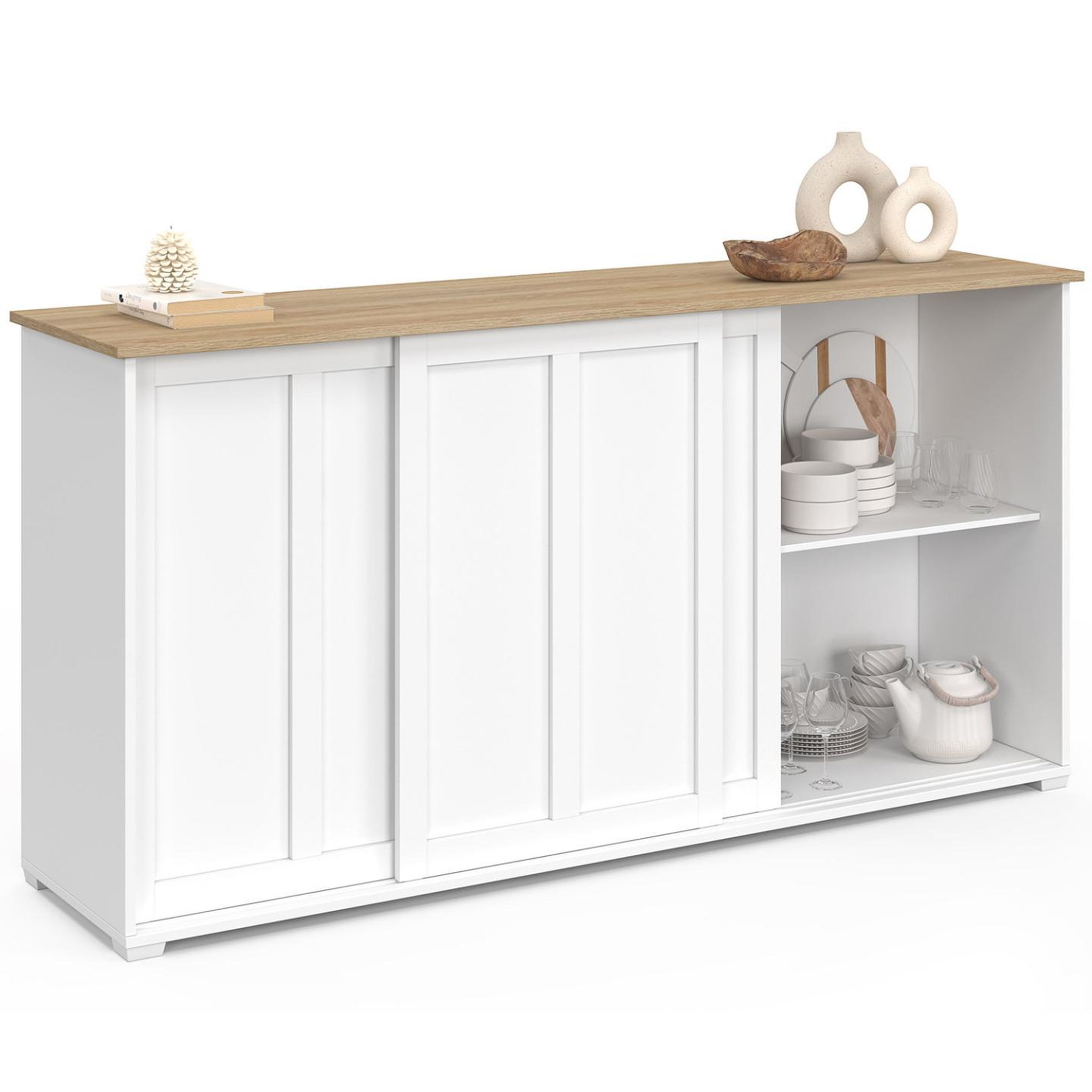ID MARKET Buffet 160 cm JANGO 3 portes coulissantes blanc et plateau bois