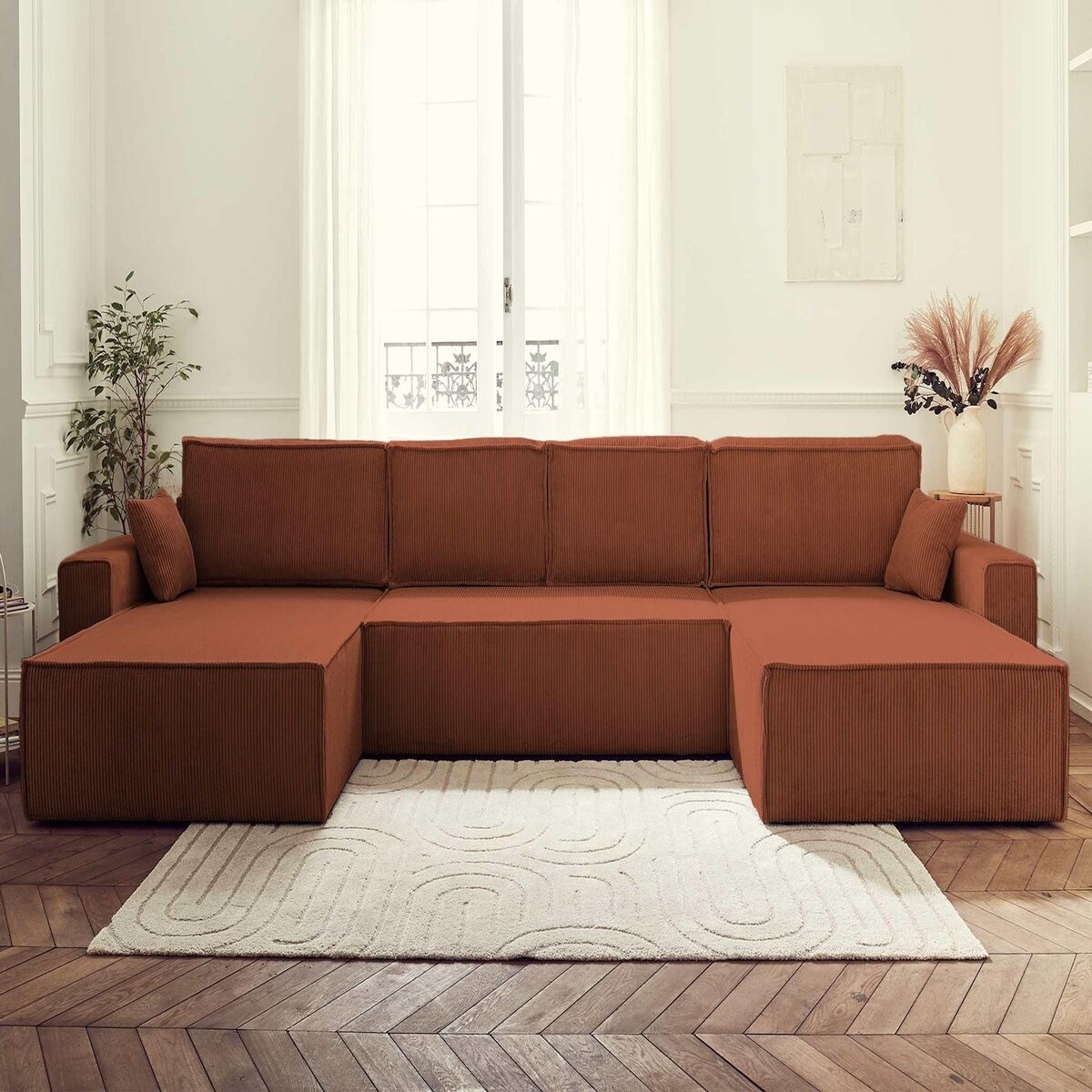 BEST MOBILIER Dellia - canapé panoramique en u - 7 places - convertible - avec coffre - en velours côtelé