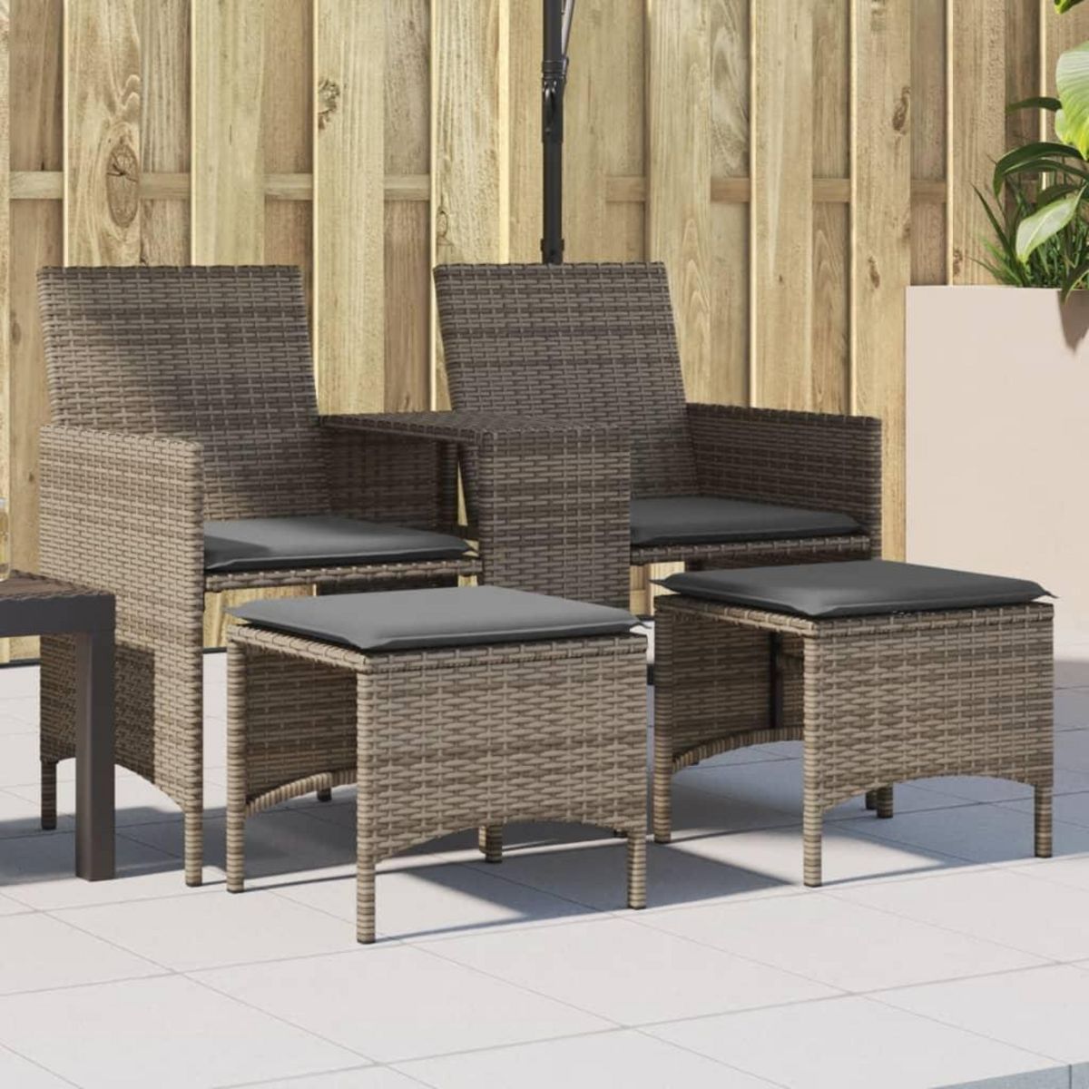 VIDAXL Canape de jardin 2 places avec table et tabourets gris rotin