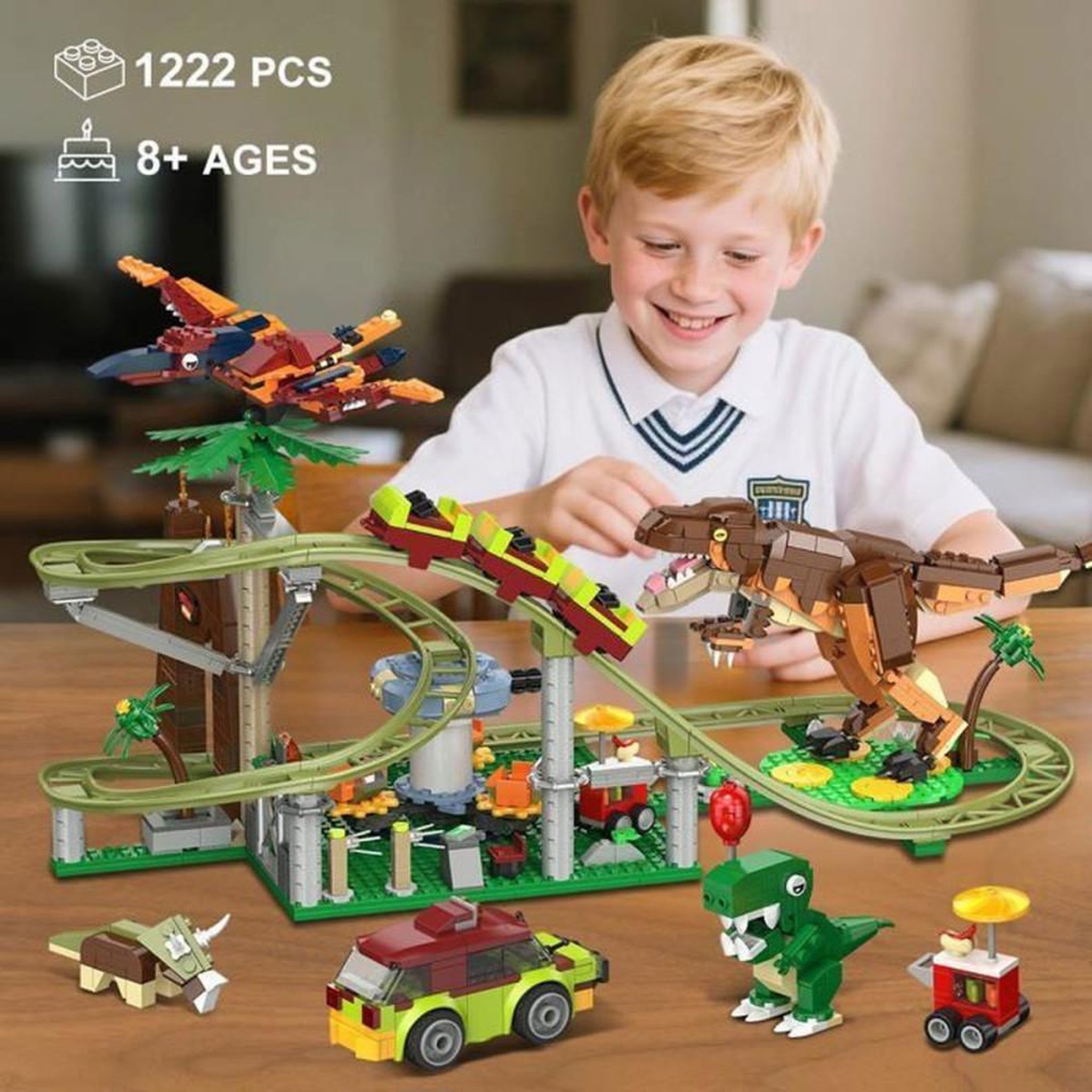 Voir la diapositive 6 : Kit de construction roller coaster dinosaures 1222 pièces, piste verte, 4 figurines et véhicules jungle