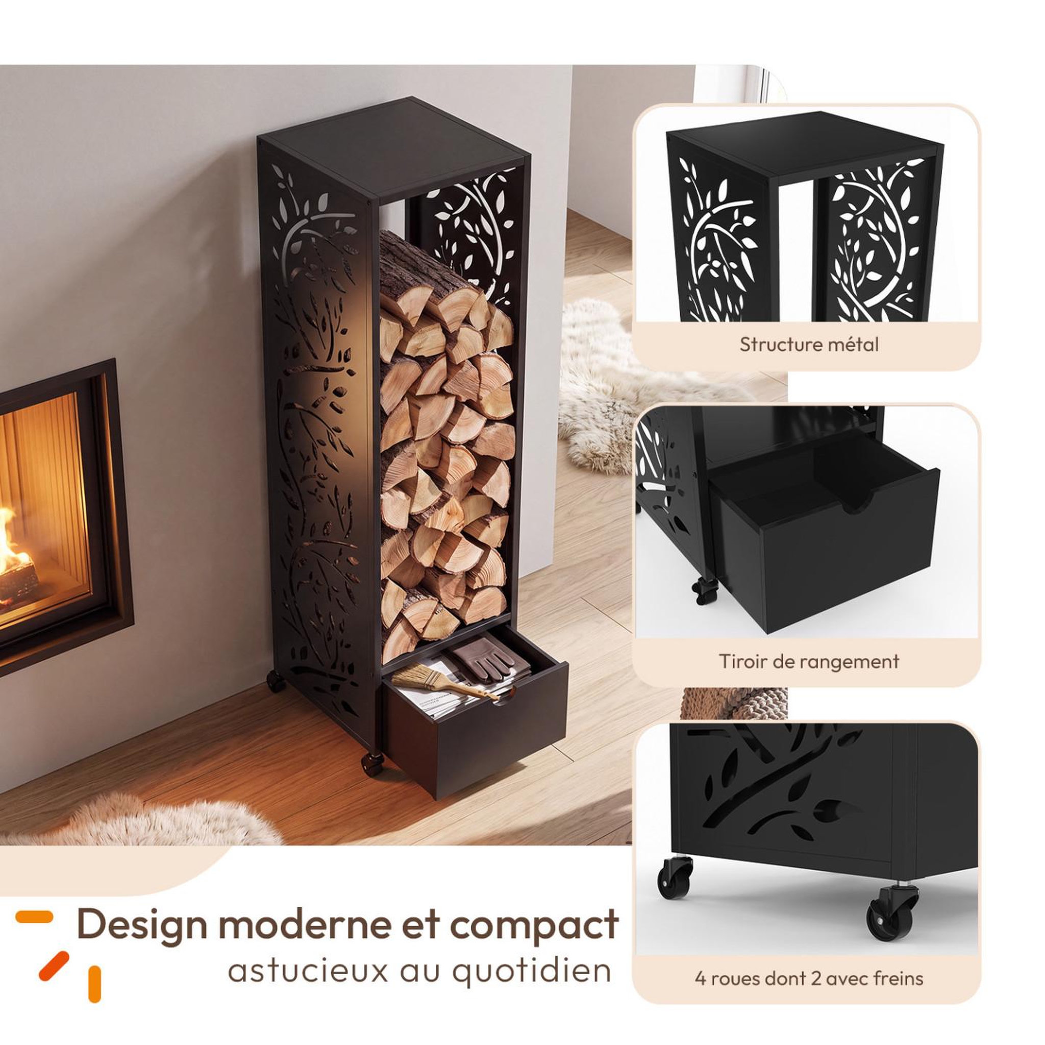 Voir la diapositive 3 : ID MARKET Range bûches vertical plein acier noir motif arbre h. 140 cm pour cheminée avec roulettes et tiroir