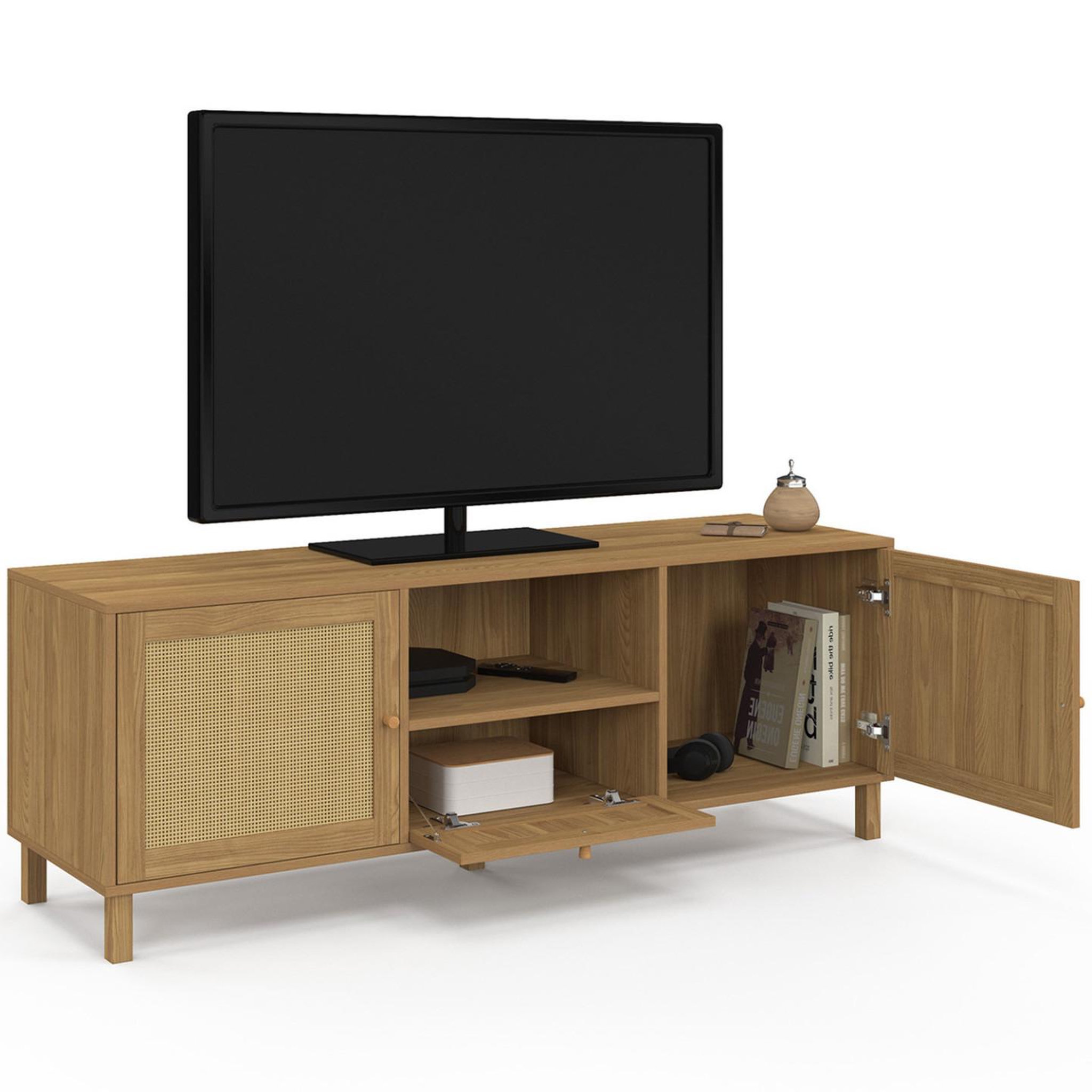 Voir la diapositive 4 : ID MARKET Meuble tv 140 cm vintage hanae 3 portes effet naturel cannage