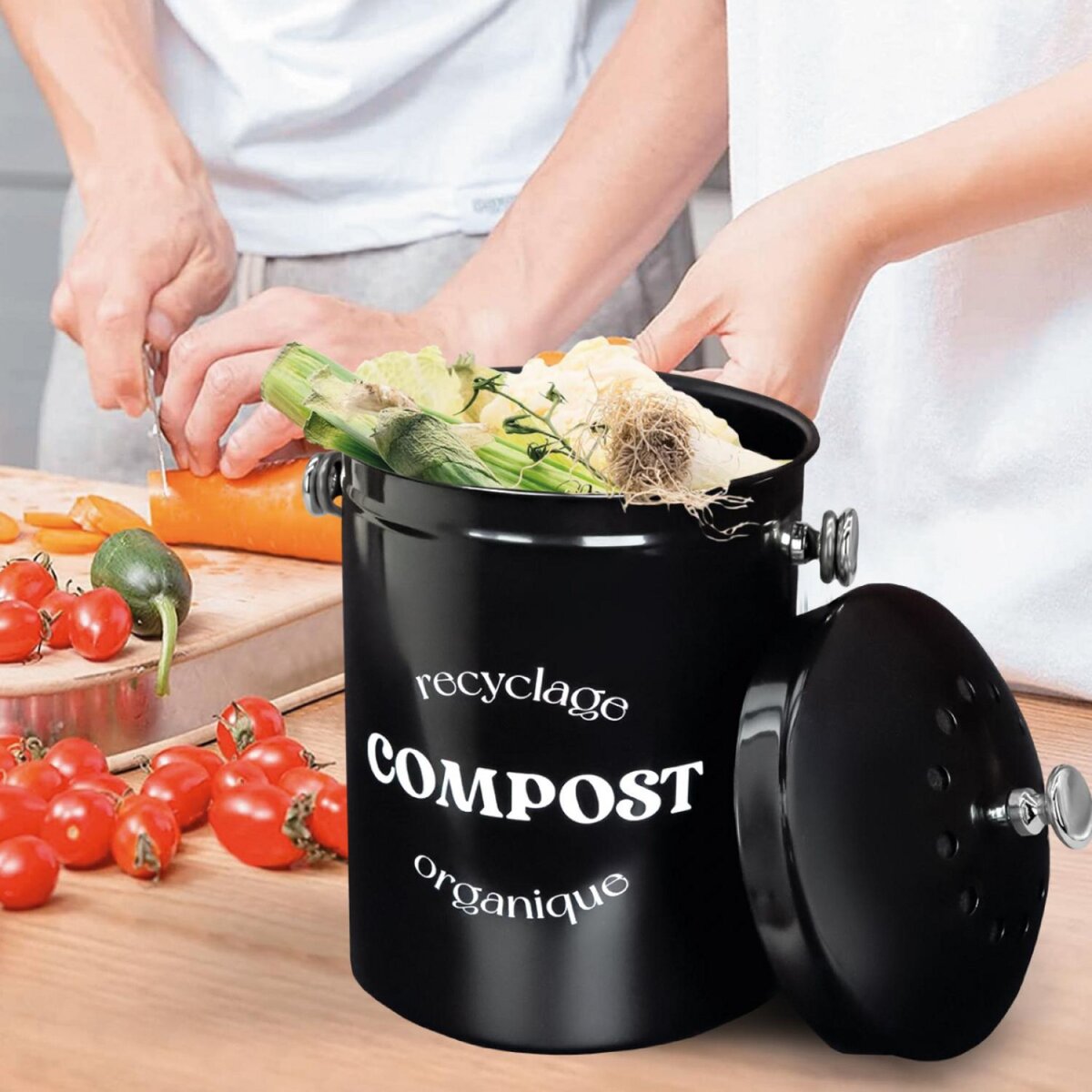 LINXOR Composteur, bac, poubelle à compost de cuisine 5L rond en Inox - Noir