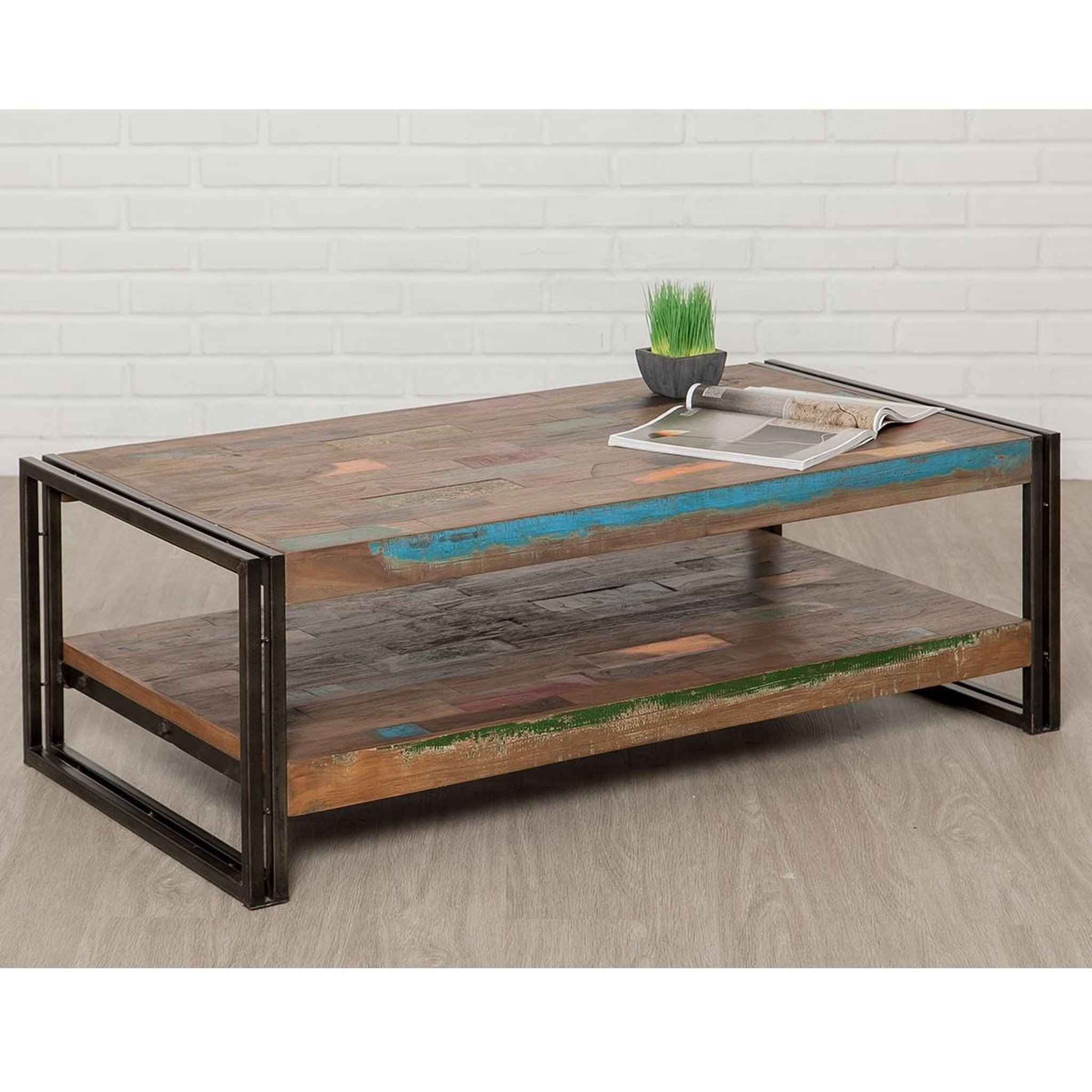 Voir la diapositive 2 : Paris Prix Table basse rectangulaire en teck industriel  loft  120cm marron