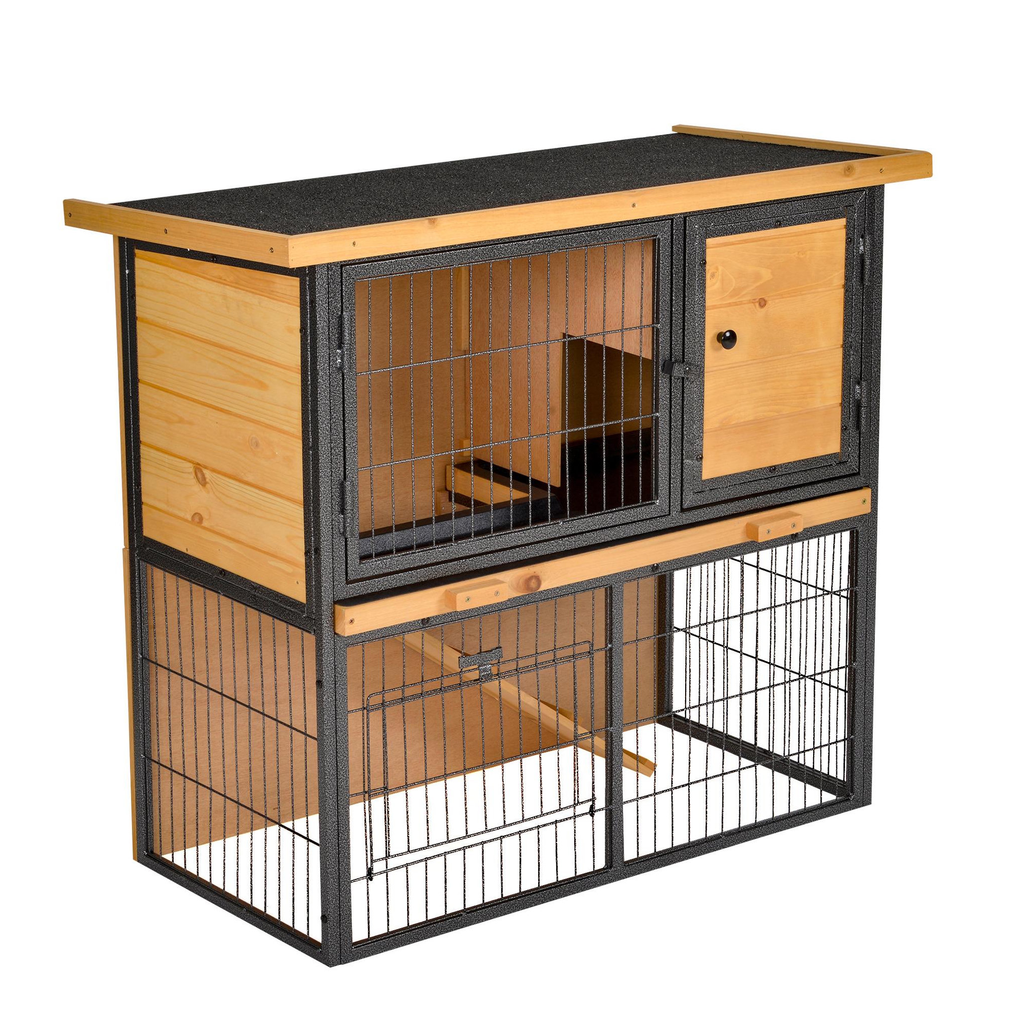 PAWHUT Clapier à lapin cage à lapin 2 niveaux 3 portes verrouillables rampe toit ouvrant bitûmé métal époxy pin pré-huilé