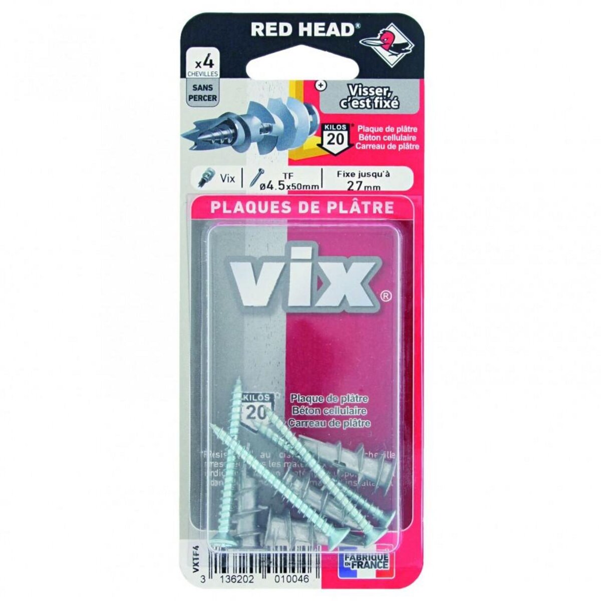 RED HEAD Lot de 4 chevilles et vis à visser vix RED HEAD, Diam.12 x L.30 mm