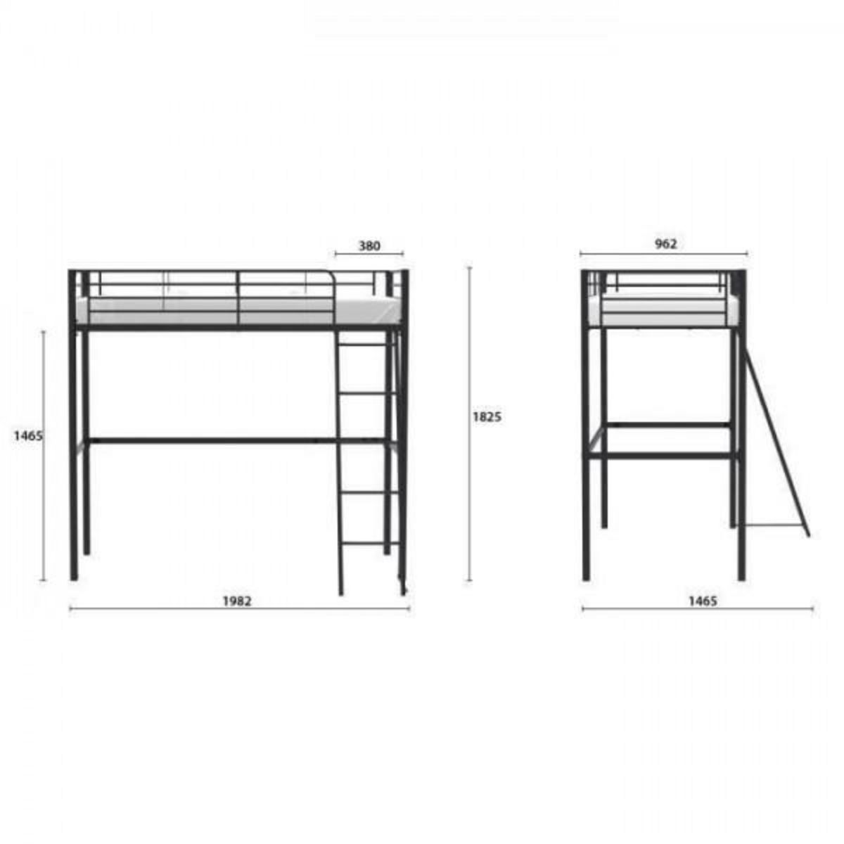 MARKET24 Lit mezzanine enfant ELIOT en métal noir 90x190cm avec sommier inclus