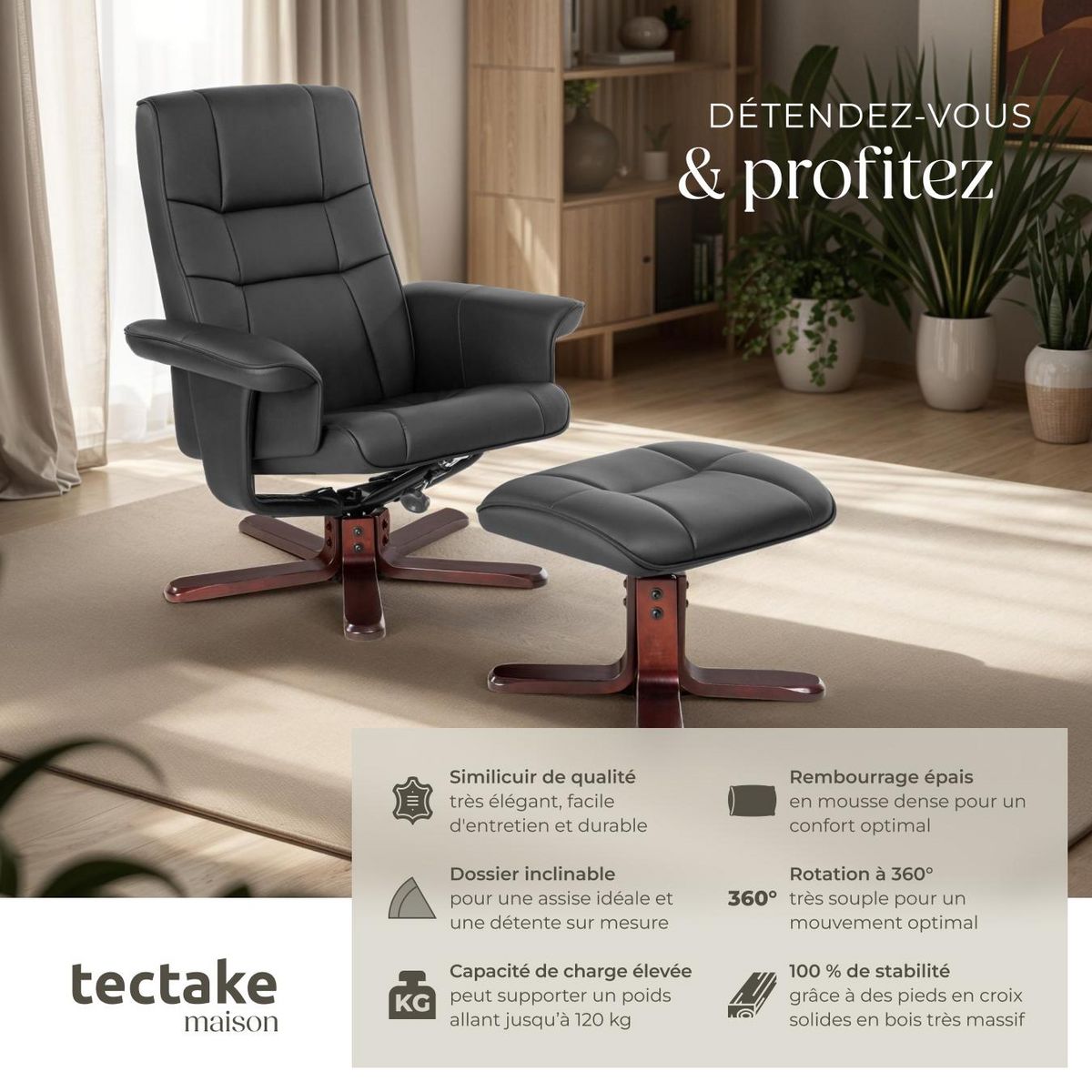 tectake Fauteuil relax avec pied en croix avec repose-pieds noir/marron