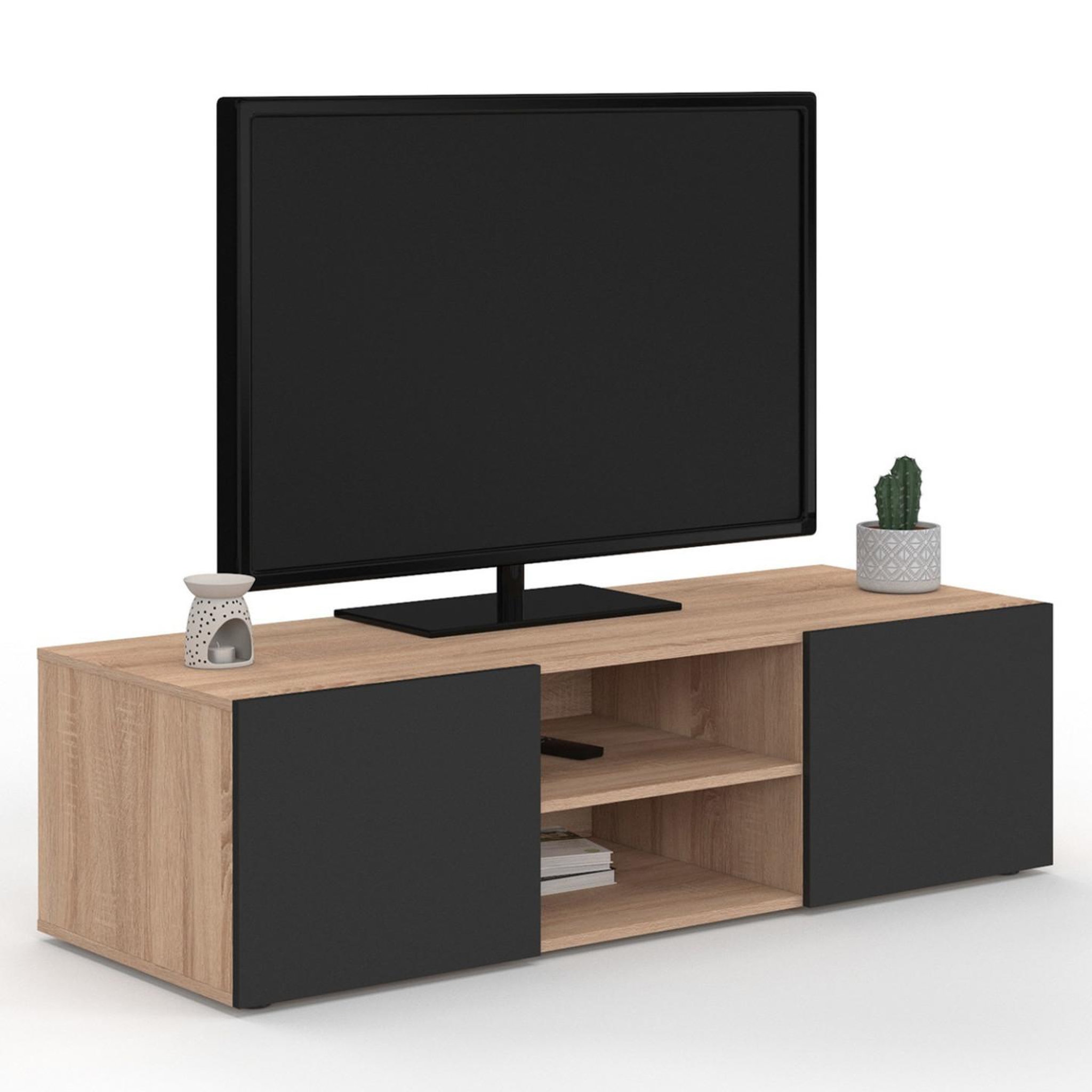 ID MARKET Meuble tv 113 cm eli bois façon hêtre portes noires