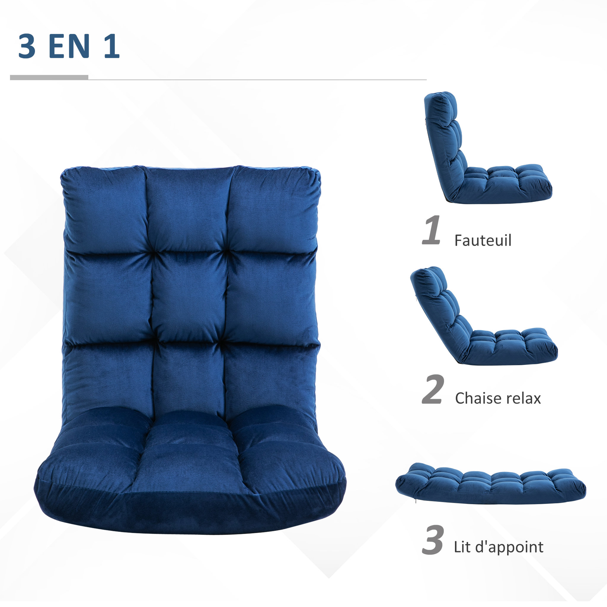 Voir la diapositive 5 : HOMCOM Fauteuil convertible fauteuil paresseux grand confort inclinaison dossier multipositions 90°-180° flanelle polyester capitonné bleu roi
