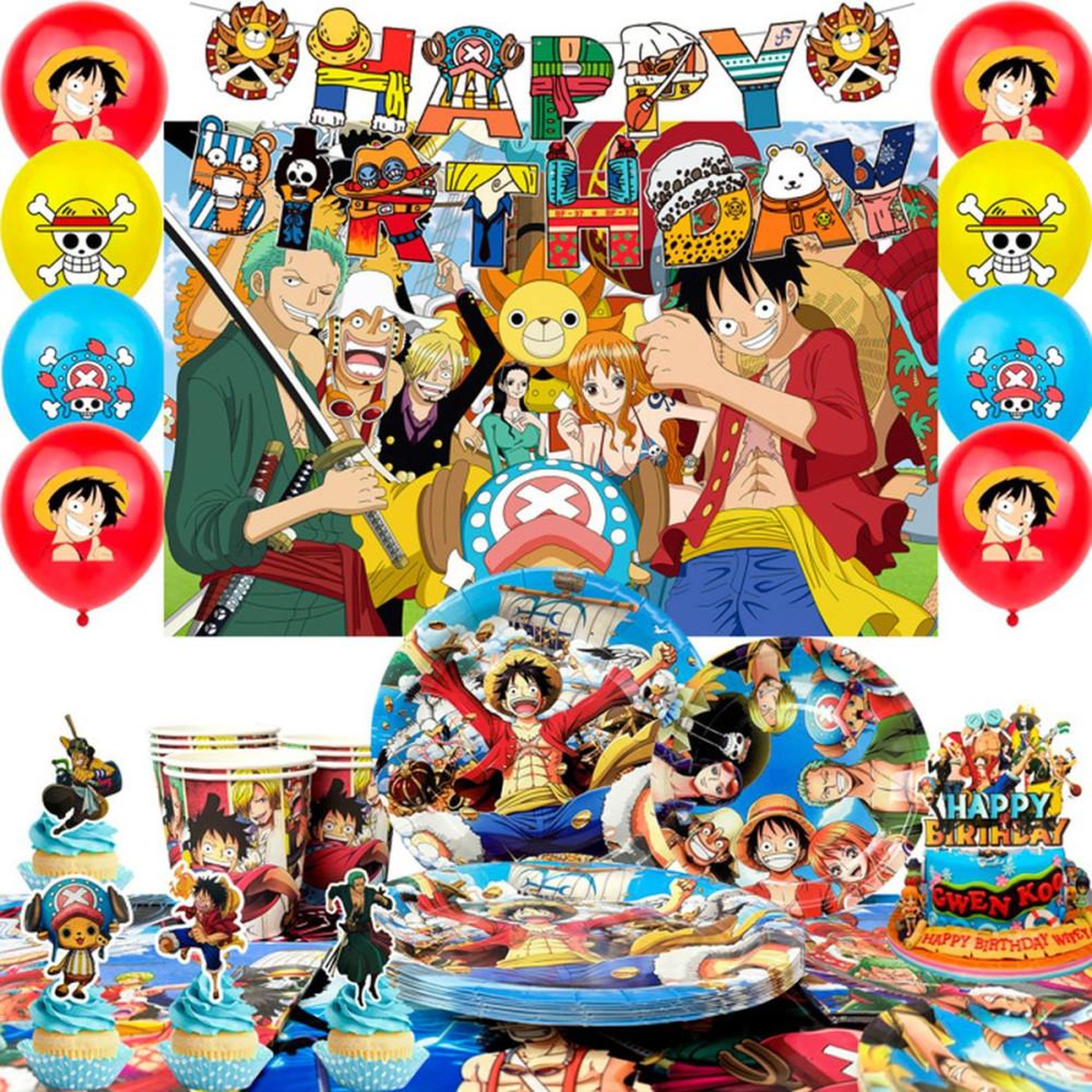Set de décoration anniversaire Pirate One Piece pour enfants, 15 fanions, 1 fond imprimé, 12 ballons, assiettes, serviettes, couverts et toppers
