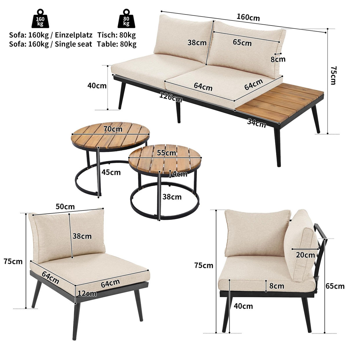 MERAX Salon de jardin 6 places en métal galvanisé avec 2 canapés, 2 fauteuils, 2 tables