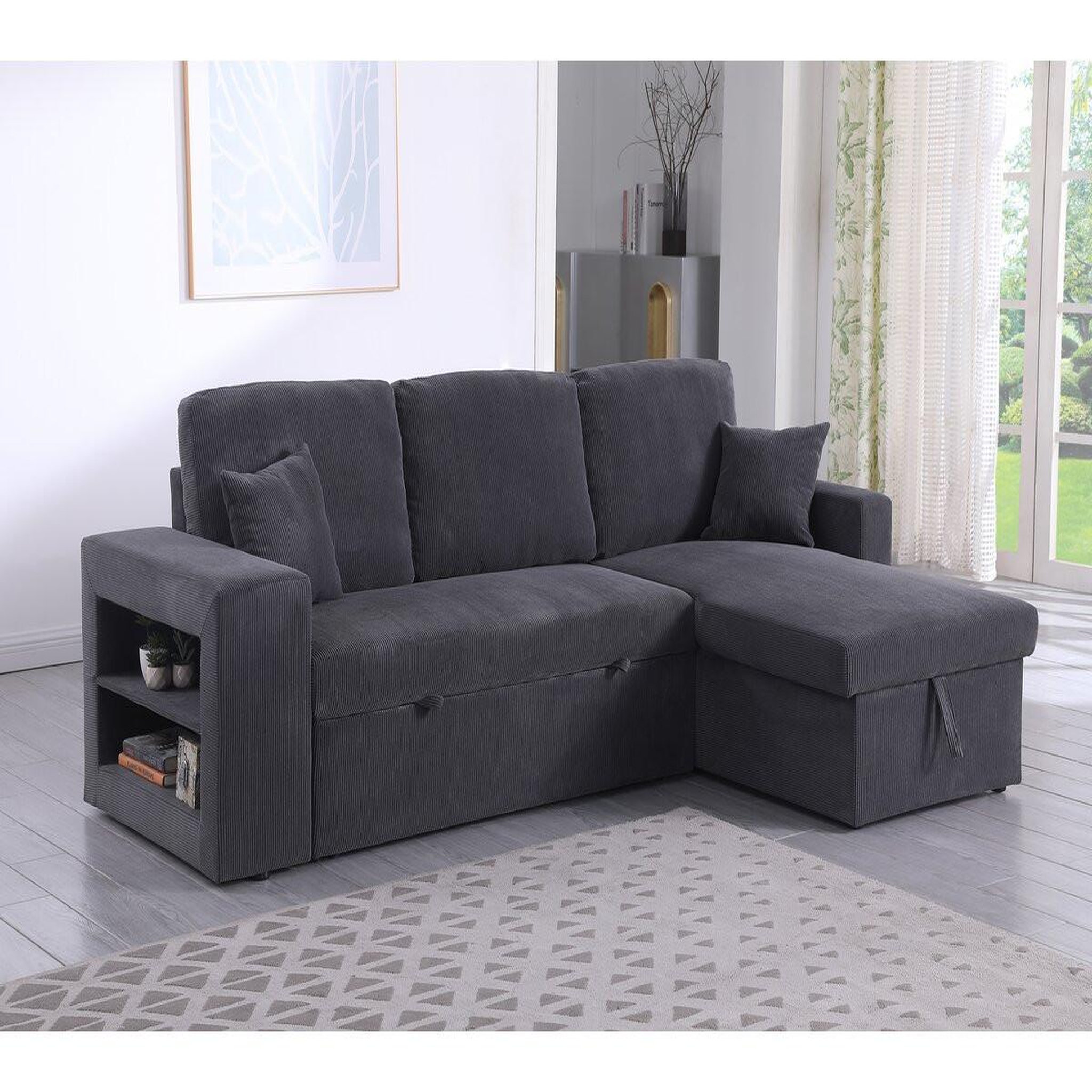 Voir la diapositive 2 : Habitat et Jardin Canapé d'angle en velours côtelé convertible/réversible  axel  - 3 places - gris