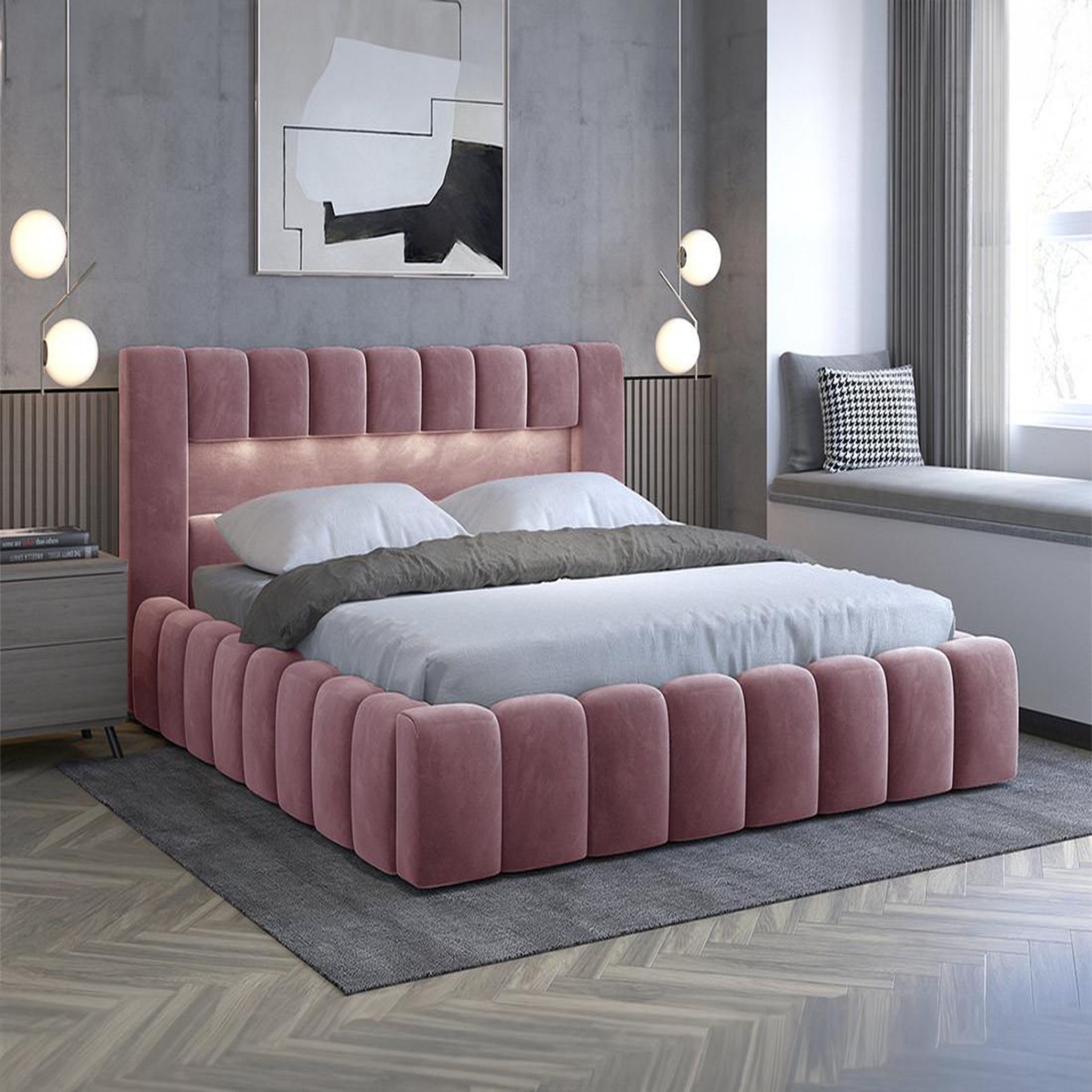 Voir la diapositive 2 : BEST MOBILIER Cleo - lit coffre avec led - 180x200 cm - sommier inclus - en velours
