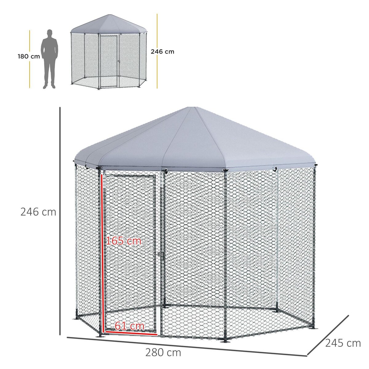 PAWHUT Enclos poulailler chenil 5 m² - parc grillagé dim. 2,8L x 2,45l x 2,46H m - entièrement couvert - acier oxford gris