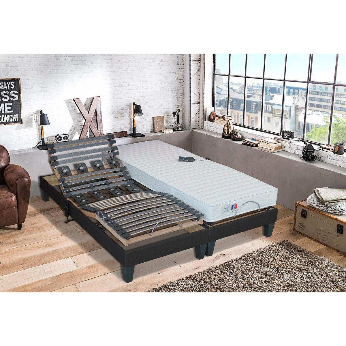 Ensemble relaxtion TPR électrique accueil mousse mémoire de forme + mousse Haute Résilience + sommier  2x80x200 cm DORSOTONIC