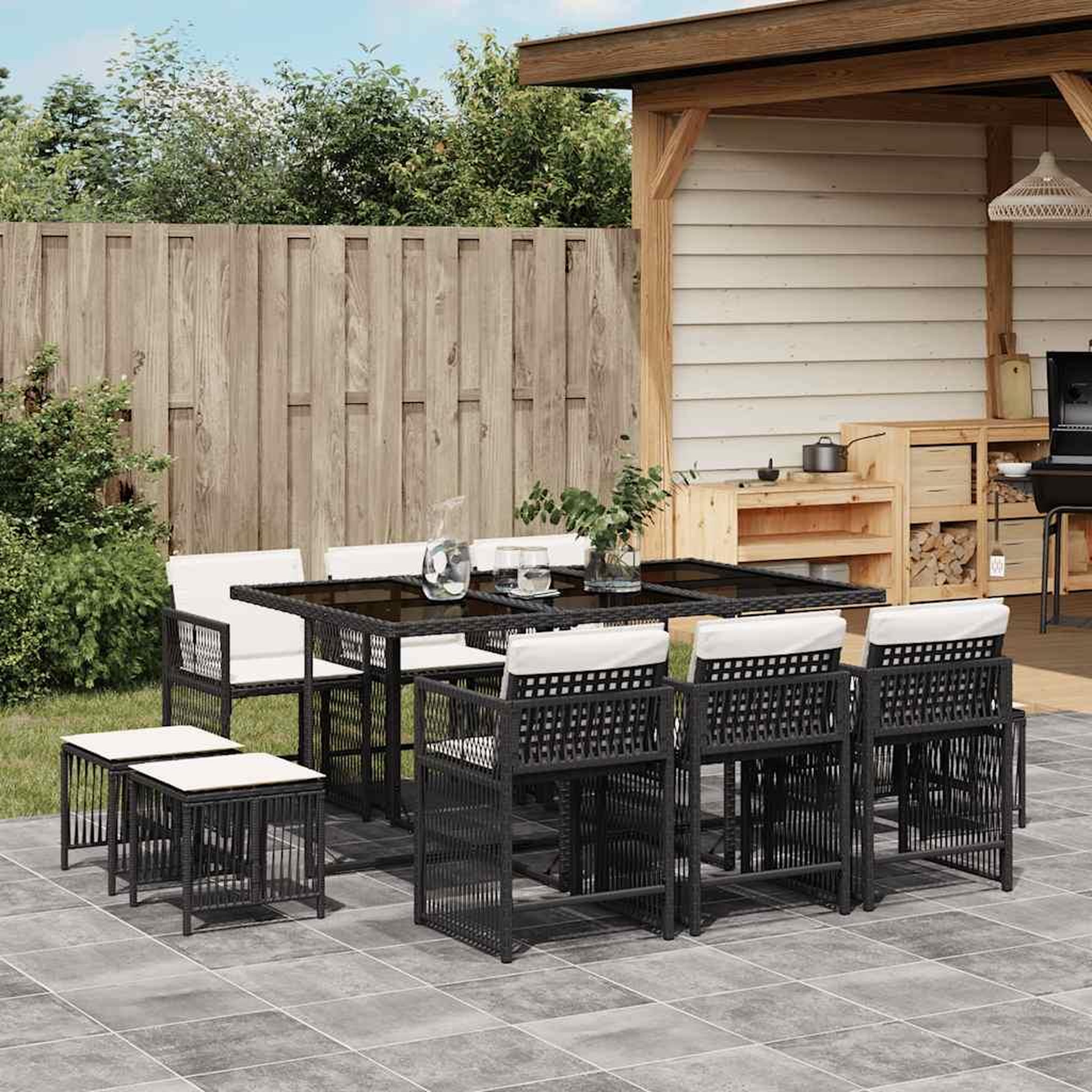 VIDAXL Ensemble a manger de jardin 11 pcs coussins noir resine tressee