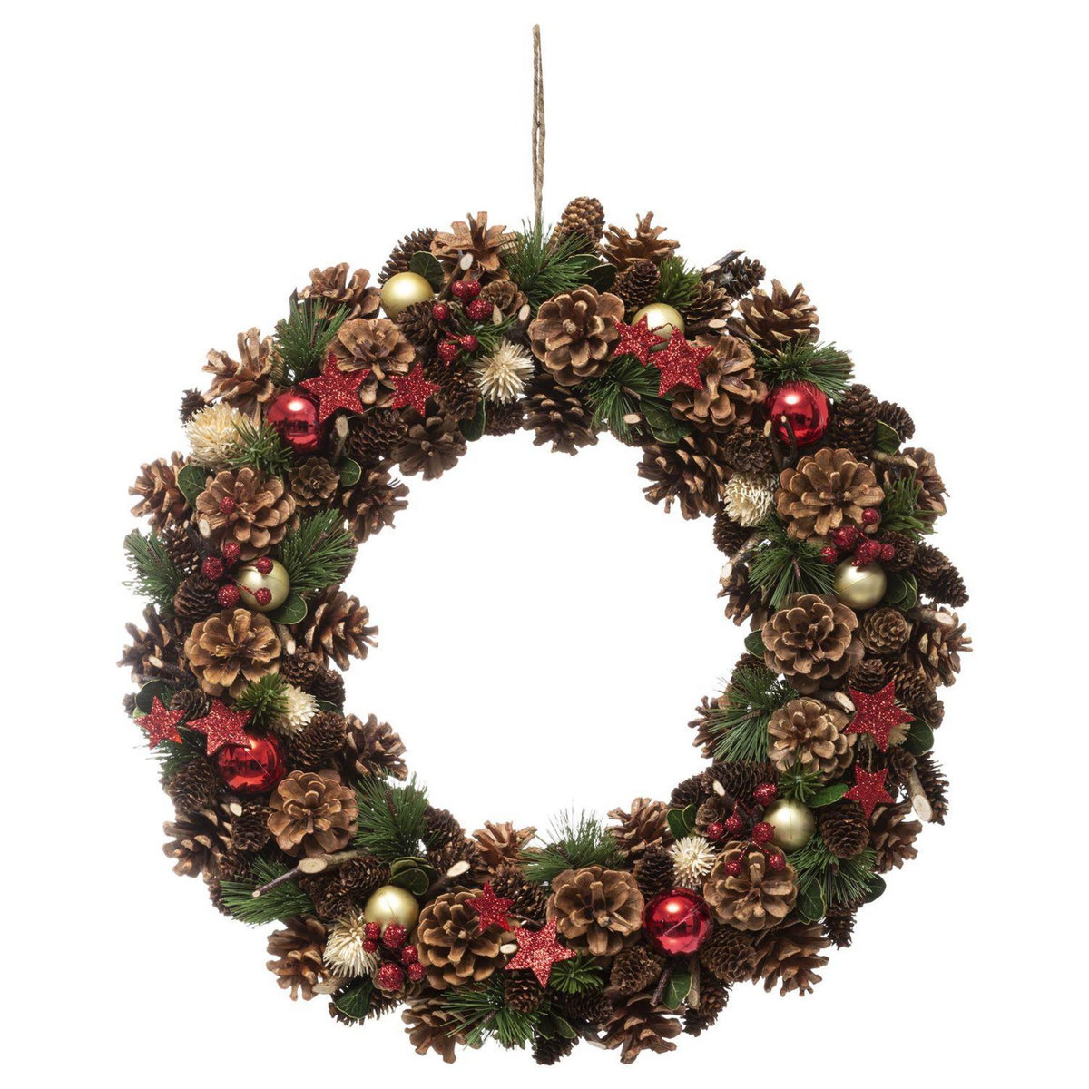 FEERIC LIGHT & CHRISTMAS Couronne de noël avec Houx et étoiles à suspendre en bois et polystyrène - Diamètre 50 cm - Rouge, Vert et Marron