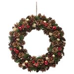 FEERIC LIGHT & CHRISTMAS Couronne de noël avec Houx et étoiles à suspendre en bois et polystyrène - Diamètre 50 cm - Rouge, Vert et Marron