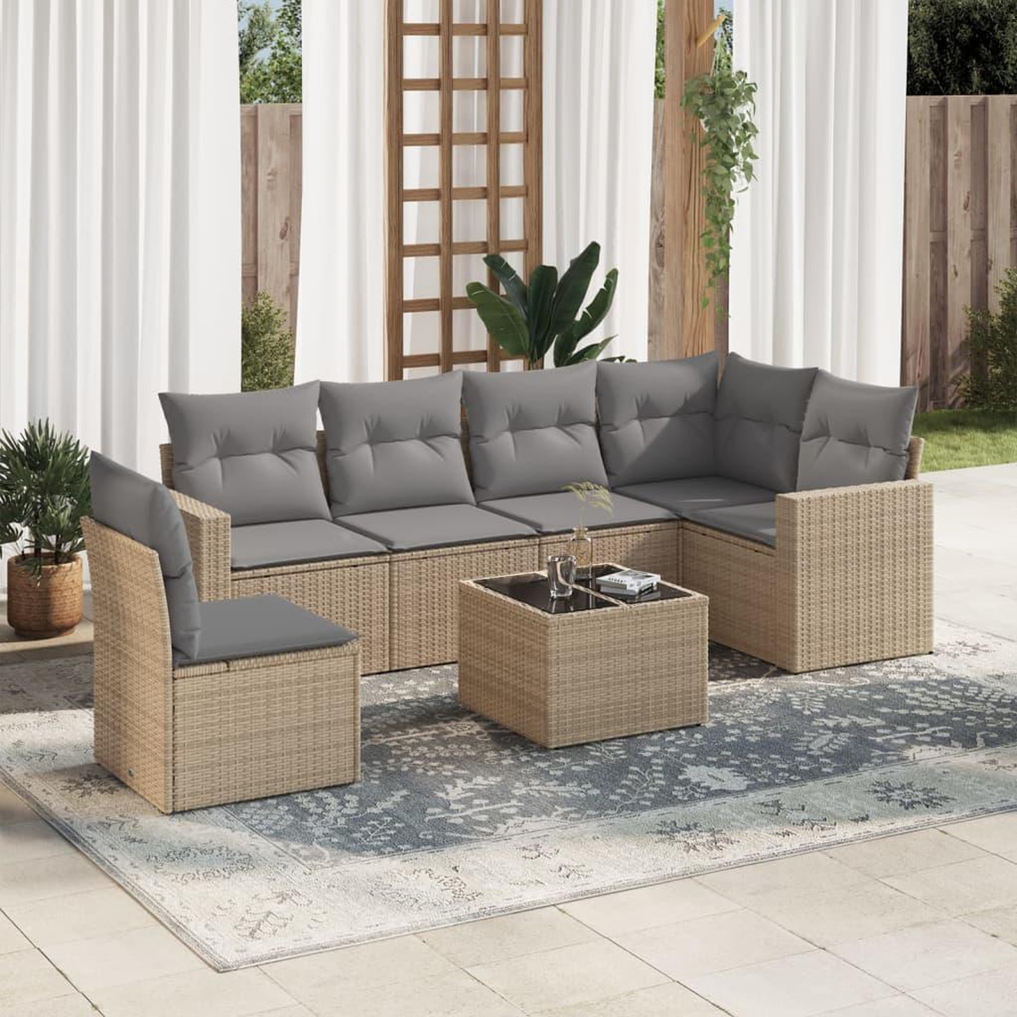 VIDAXL Salon de jardin avec coussins 7 pcs beige resine tressee