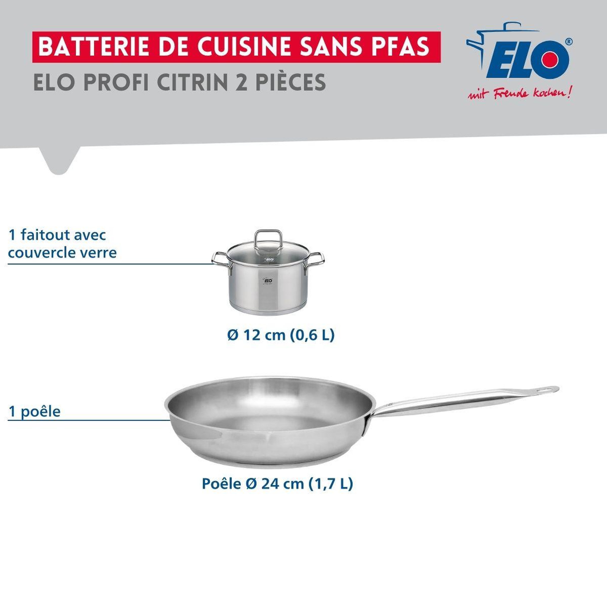 Voir la diapositive 2 : ELO Ensemble de 1 poêle de cuisson 24 cm et 1 faitout 12 cm elo profi citrin