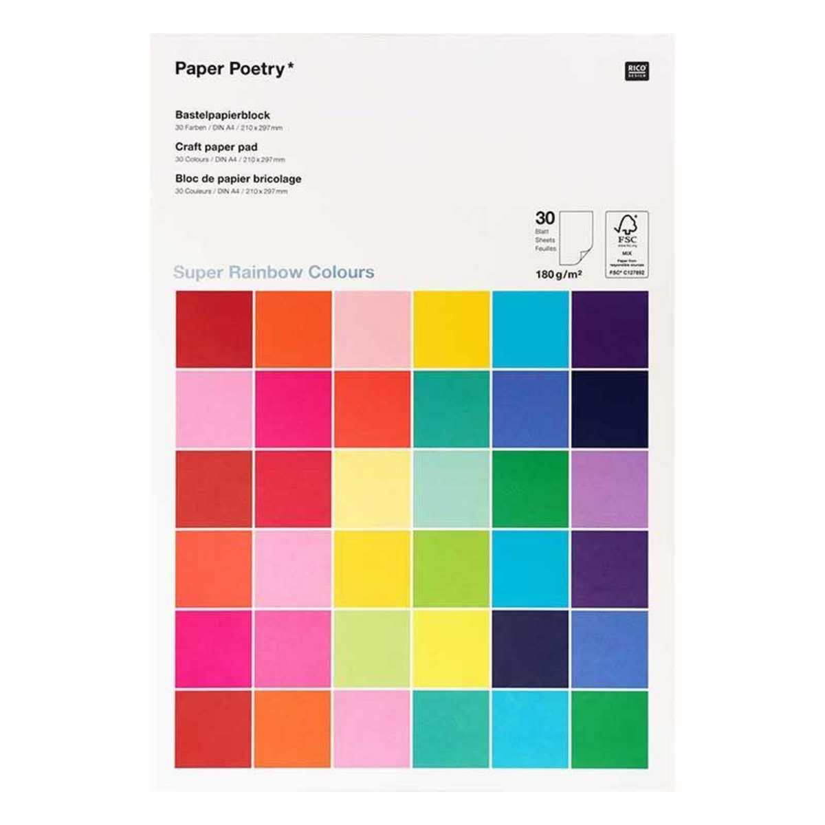 RICO DESIGN 30 feuilles de papier A4 180 g - Multicolore