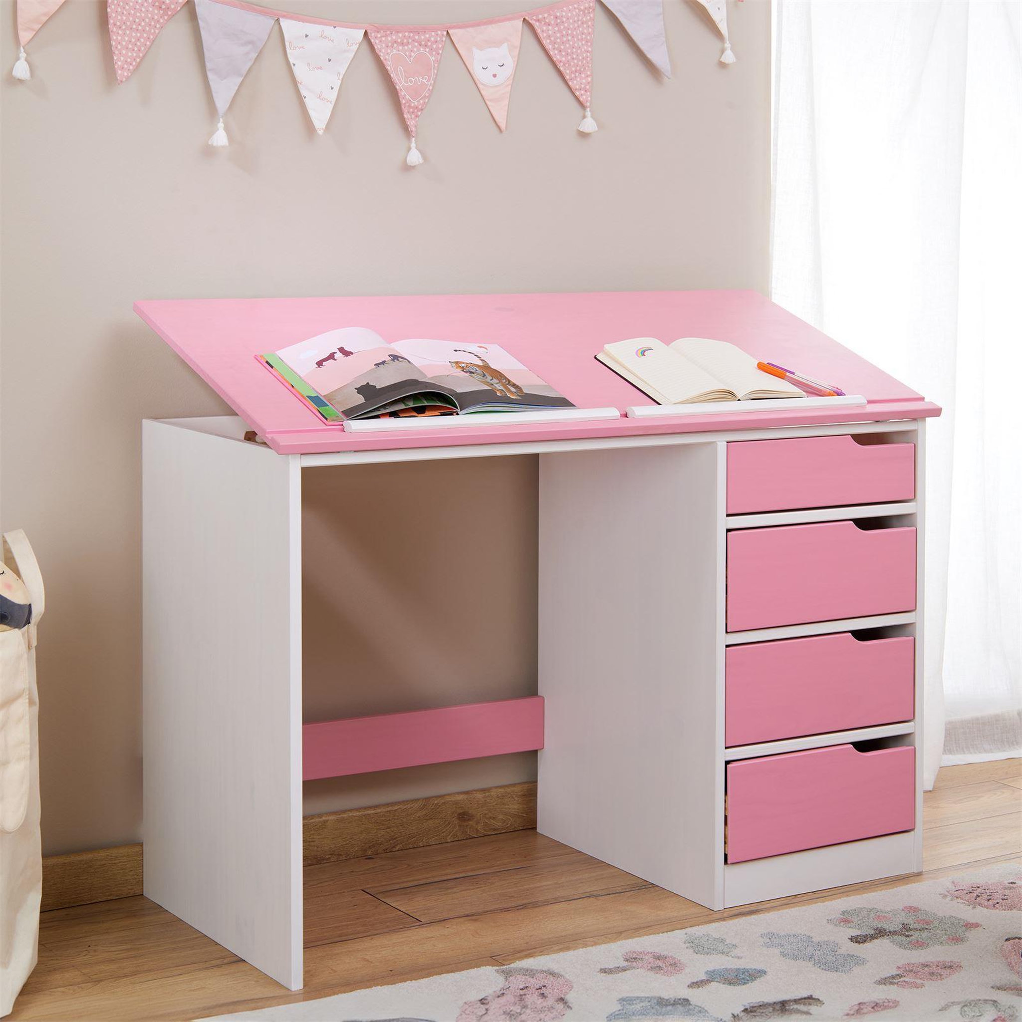Voir la diapositive 2 : IDIMEX Bureau enfant EMMA, en pin massif, 4 tiroirs et plateau inclinable