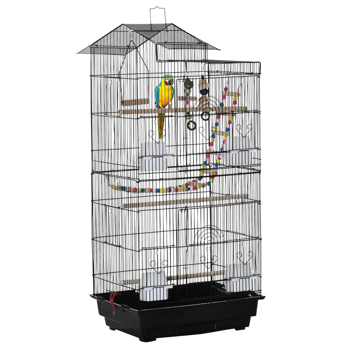 PAWHUT Cage à oiseaux volière dim. 46L x 36l x 100H cm - 4 mangeoires, 3 perchoirs, balançoire, 2 portes, 9 trappes, échelle, 2 jouets suspendus, plateau déjection - PP acier noir
