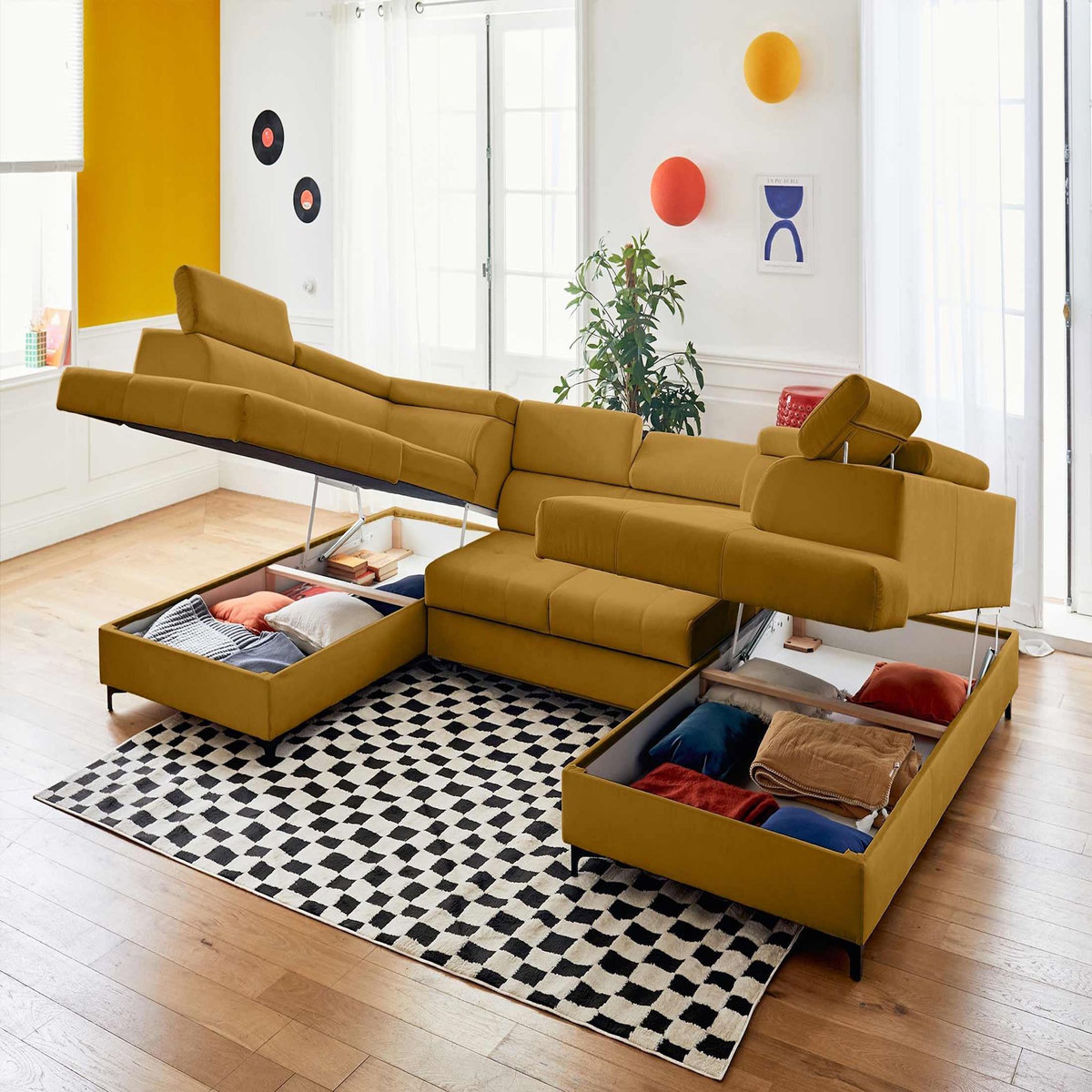 LISA DESIGN Merida - canapé panoramique en u - 7 places - convertible avec coffres et têtières réglables - en velours