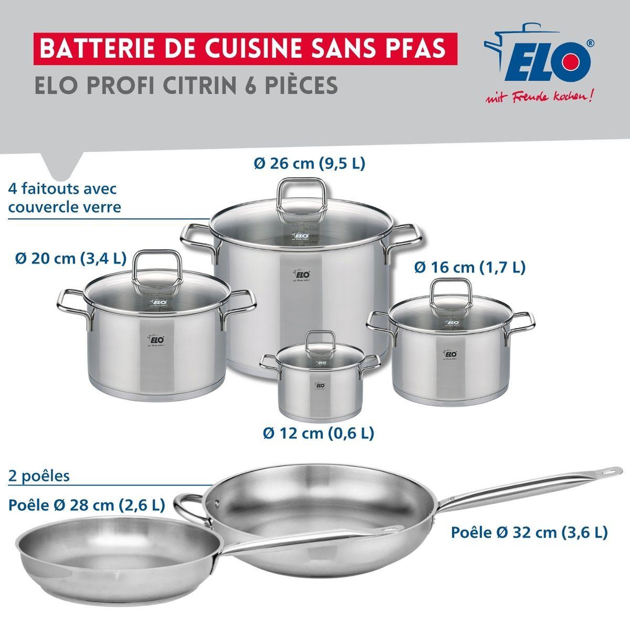 Voir la diapositive 2 : ELO Ensemble de 2 poêles de cuisson 28 et 32 cm et 4 faitouts 12, 16, 20 et 26 cm elo profi citrin