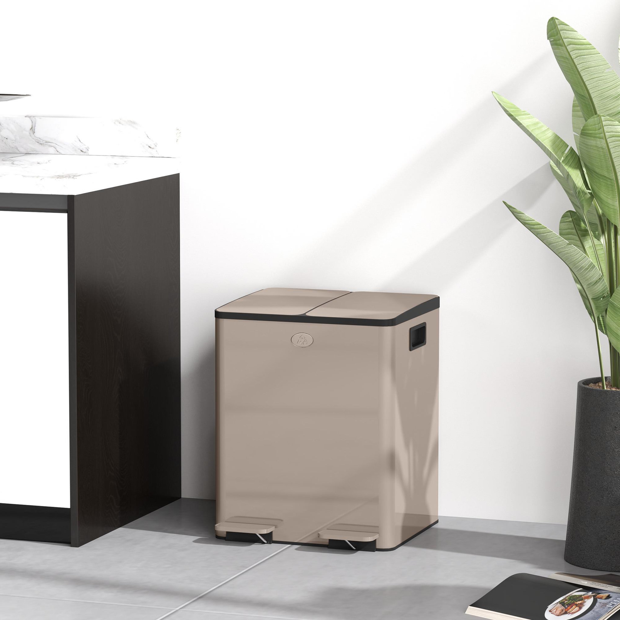 Voir la diapositive 4 : HOMCOM Poubelle manuelle tri selectif 2 bacs capacité totale 20l acier inox. Champagne
