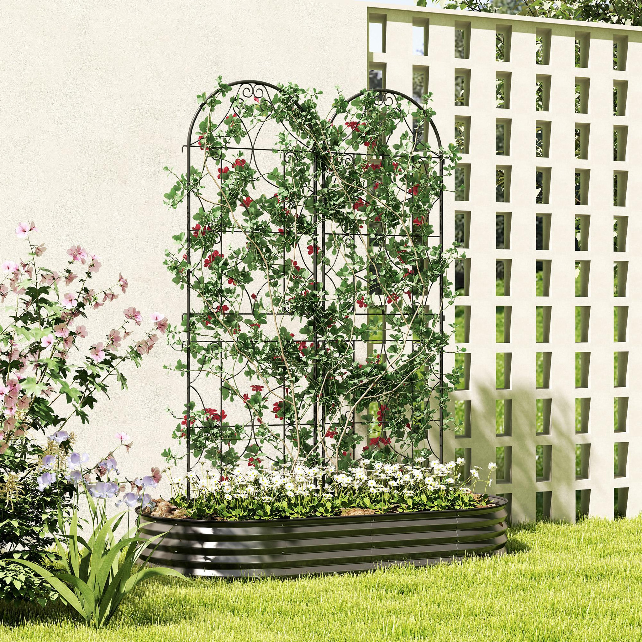 Voir la diapositive 2 : OUTSUNNY Treillis de jardin effet fer forgé - lot de 2 supports pour plantes grimpantes - 50 x 180 cm - métal époxy noir