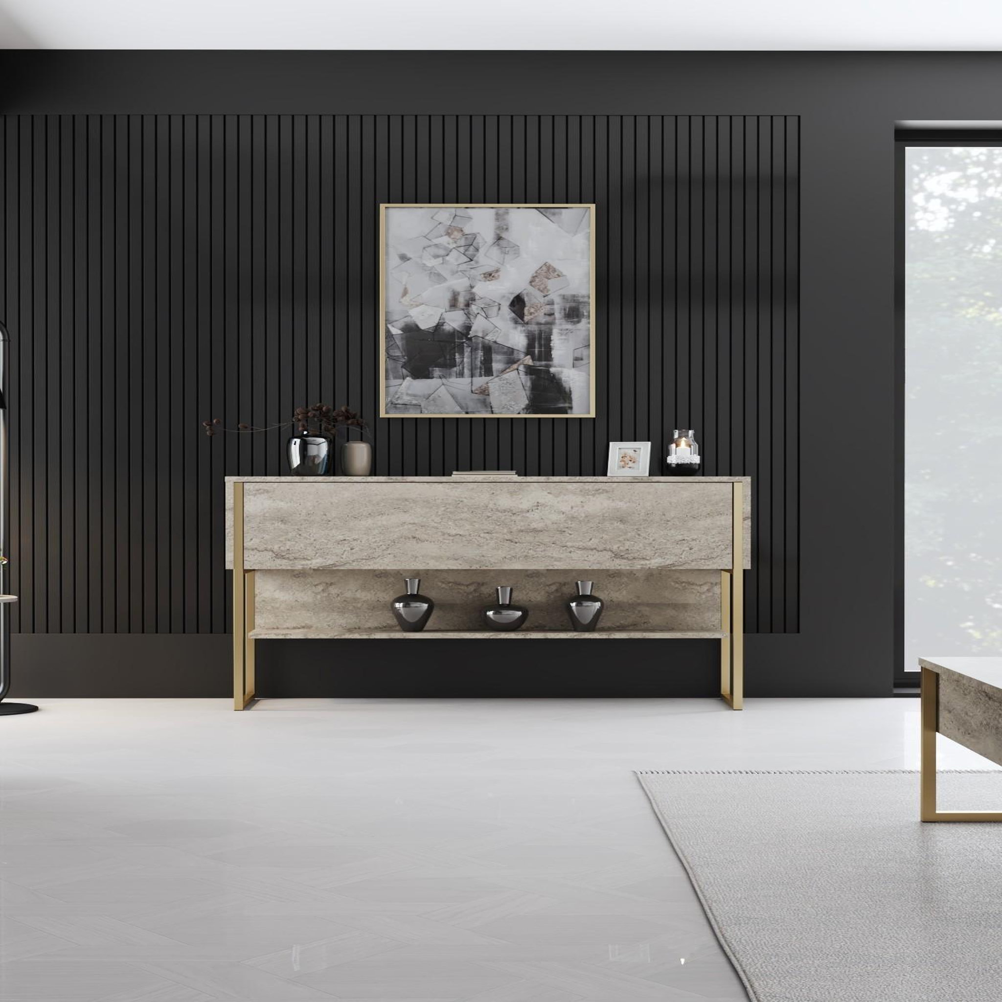 Voir la diapositive 4 : Habitat et Jardin Console en bois  luxe  - 120 x 30 x 80 cm - travertin or