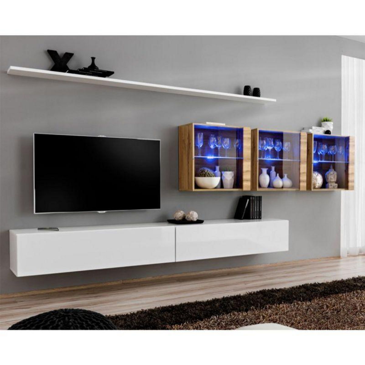 Paris Prix Meuble TV Mural Design  Switch XVII  340cm Blanc & Naturel