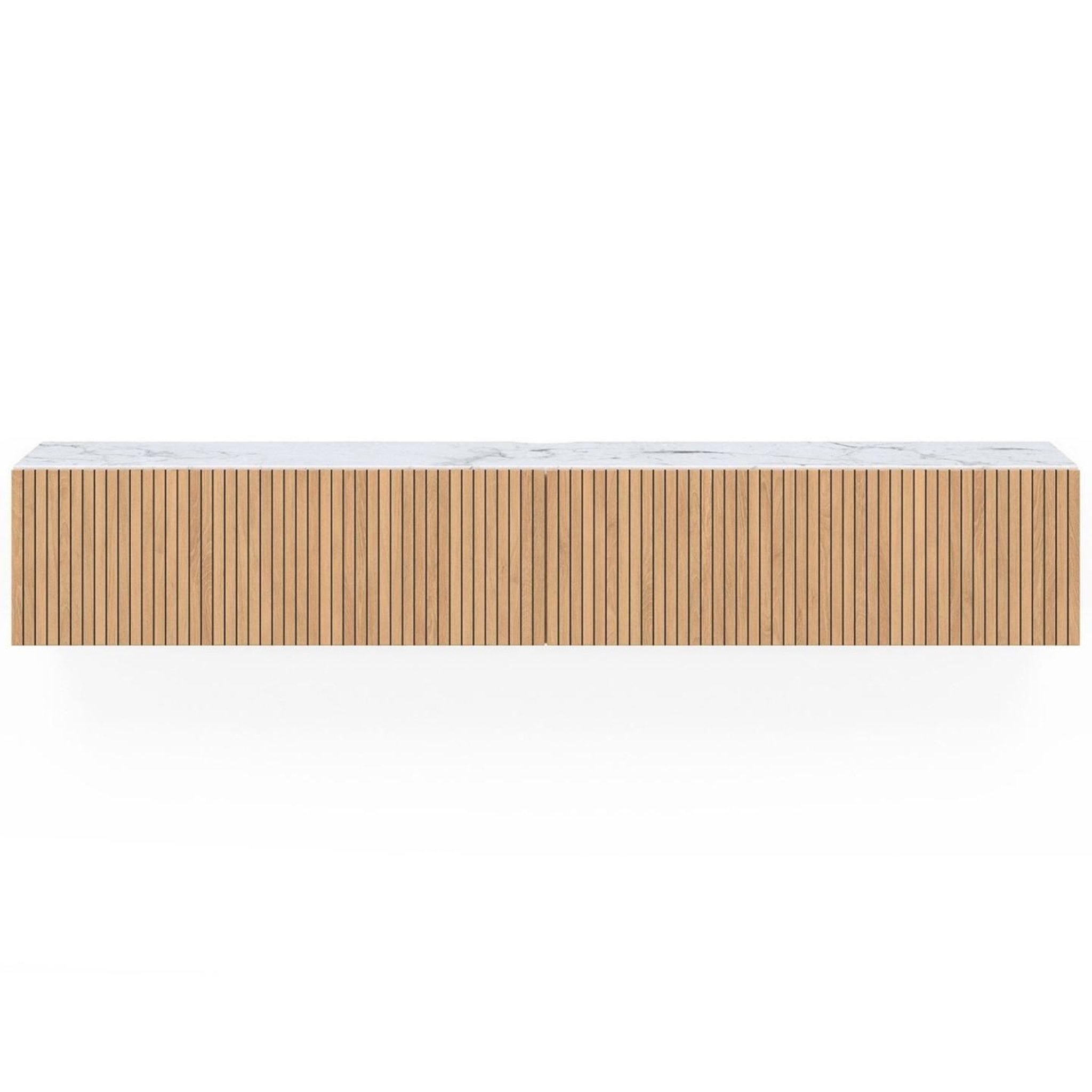 Voir la diapositive 4 : ID MARKET Meuble tv 180 cm suspendu juliette 2 portes plateau effet marbre lattes tasseau bois coloris chêne