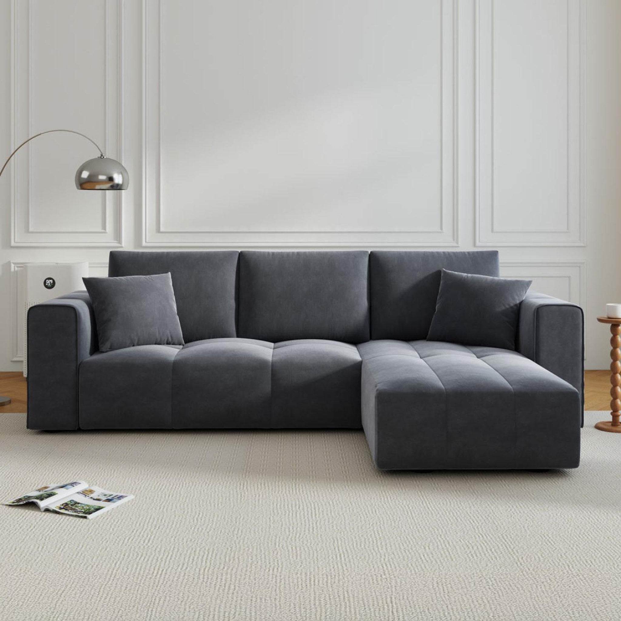 Voir la diapositive 2 : CONCEPT USINE Canapé d'angle convertible 4 places avec coffre en velours gris anthracite brighton