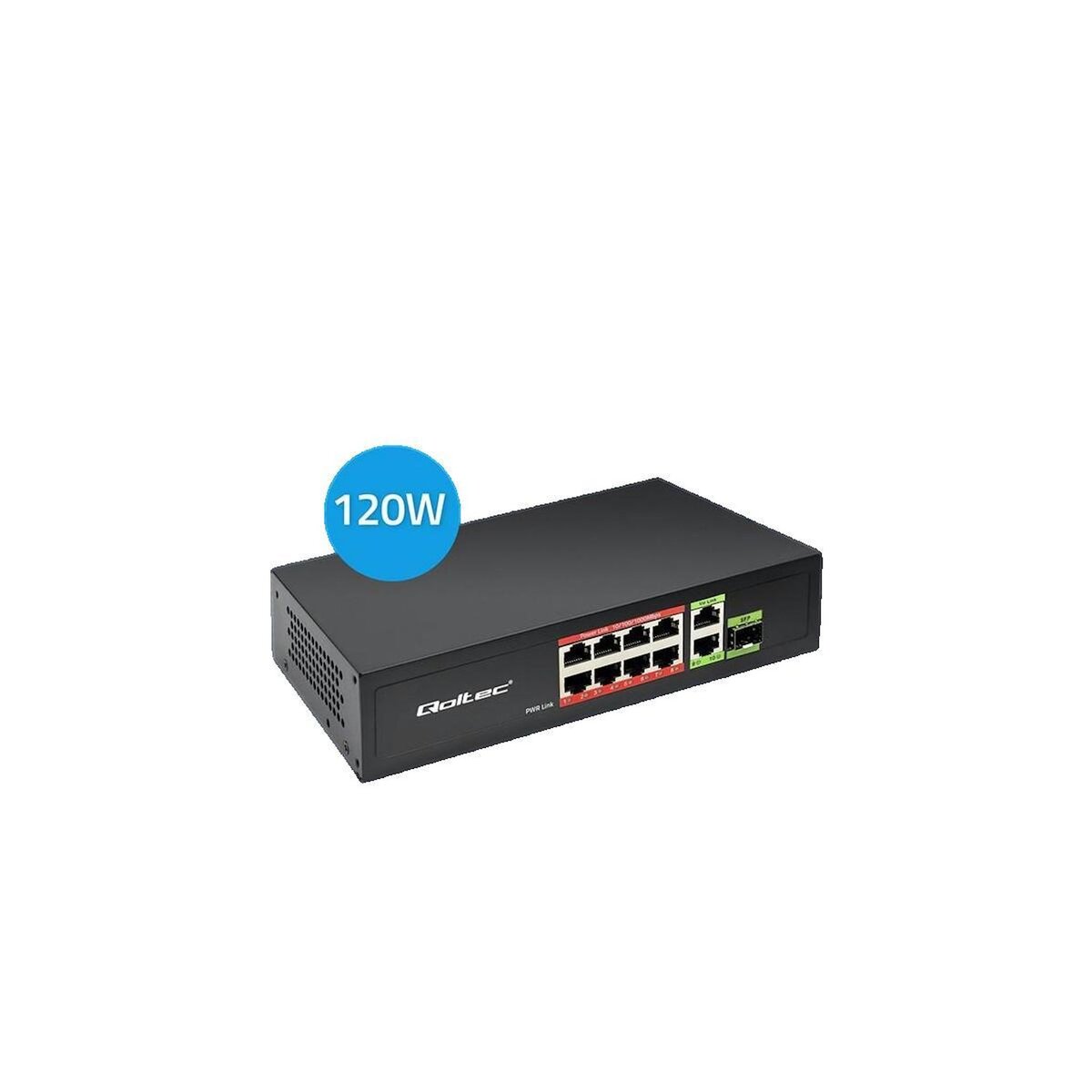 QOLTEC Switch réseau Qoltec 8 ports RJ45 PoE + Uplink RJ45 et SFP Noir