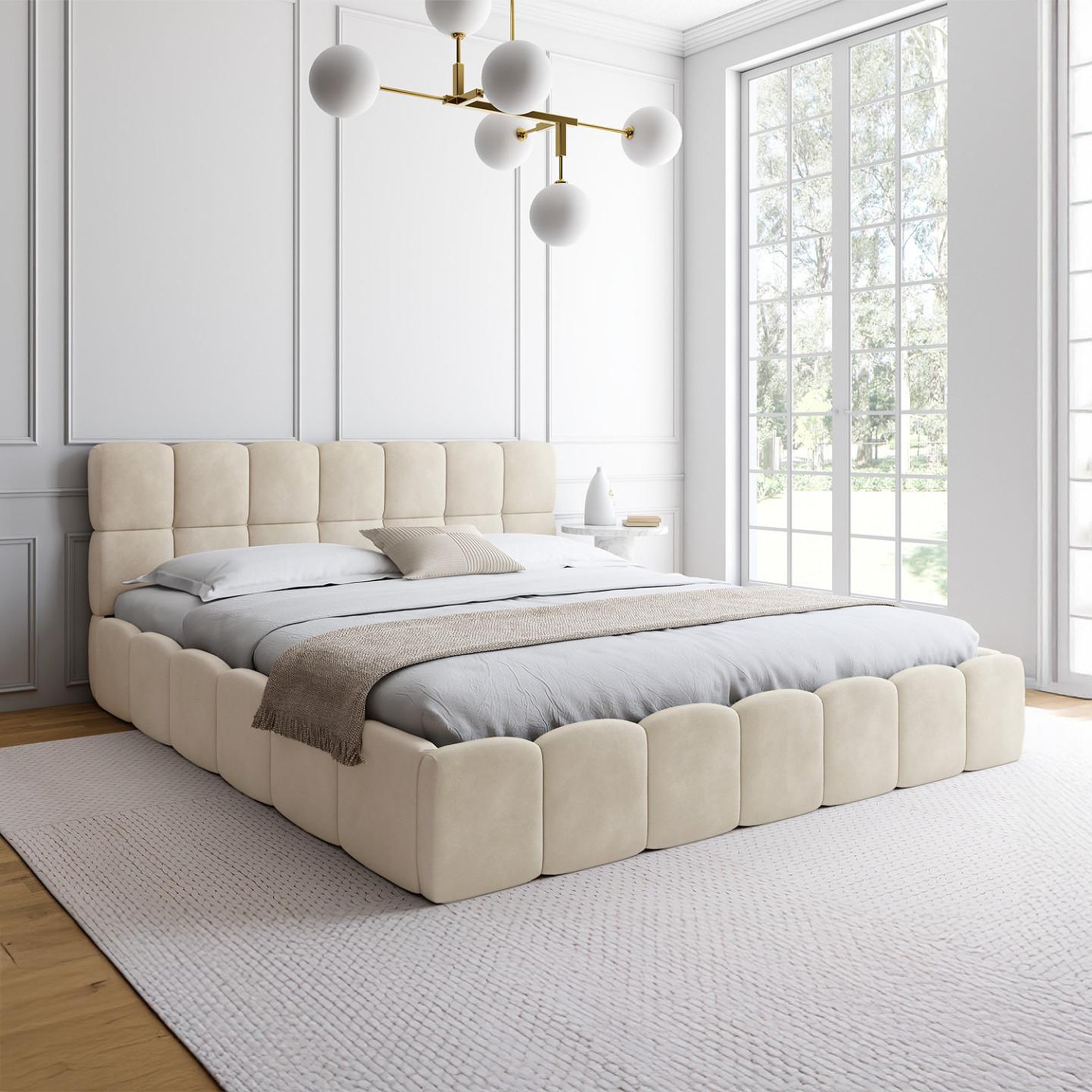 Voir la diapositive 4 : ID MARKET Lit coffre double nuage avec tête de lit matelassée et sommier 180 x 200 cm velours beige