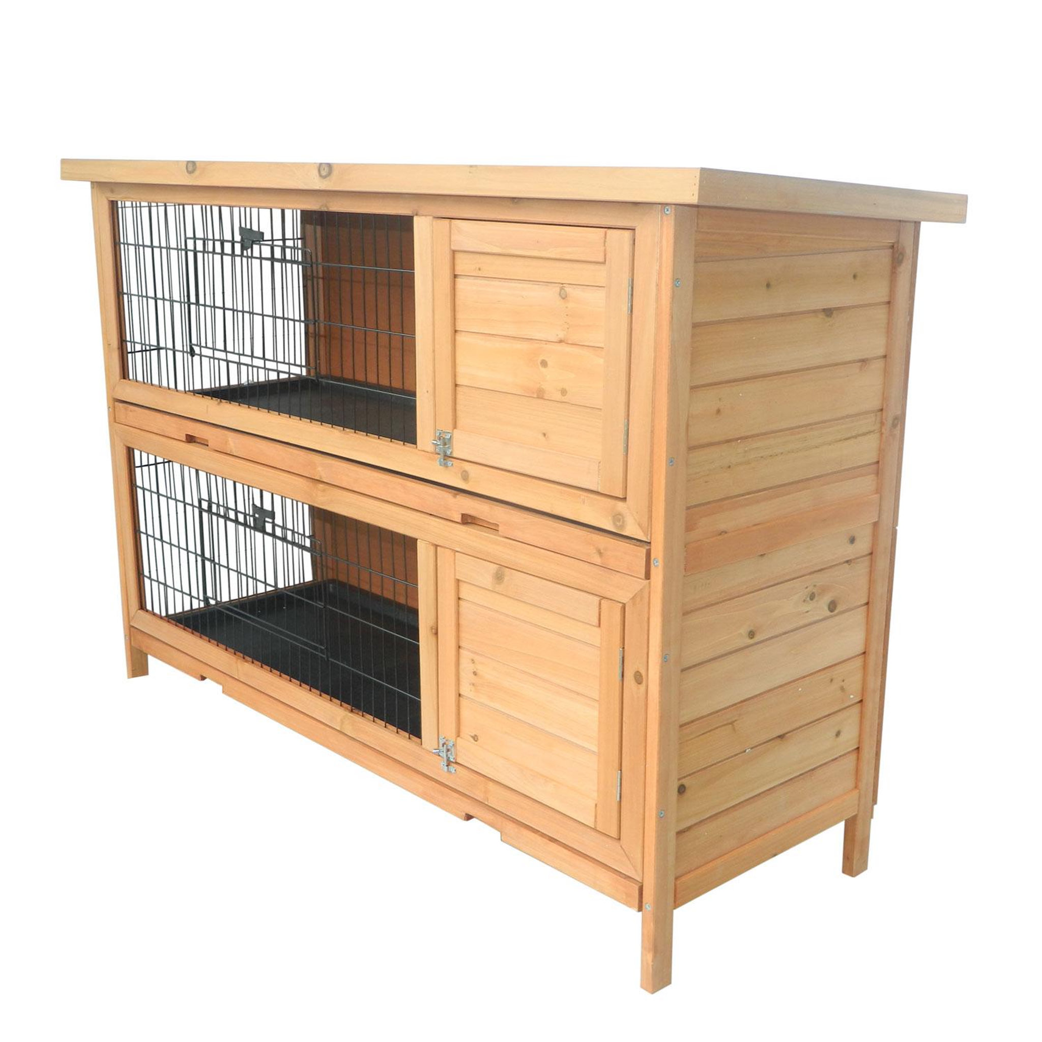 Voir la diapositive 2 : PAWHUT Clapier sur pieds cage à lapin double niveau plateaux excréments coulissants 4 portes verrouillables dim. 137l x 50l x 93h cm bois massif pin toit bitumé vert