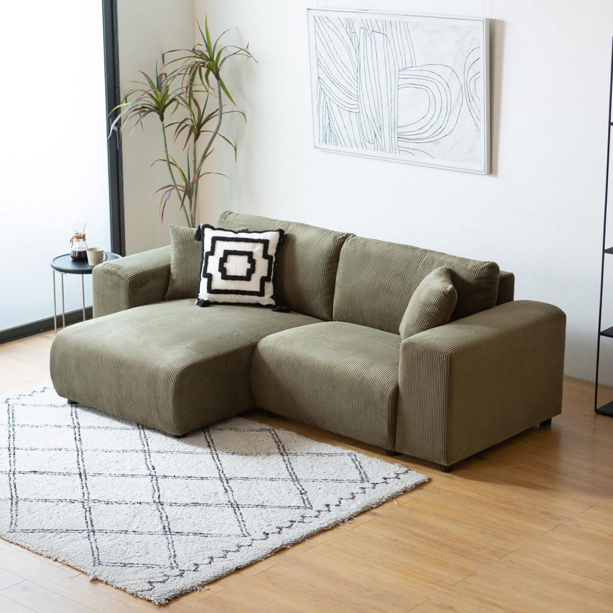 CONCEPT USINE Canapé d'angle réversible 3 places en velours côtelé vert ABERDEEN