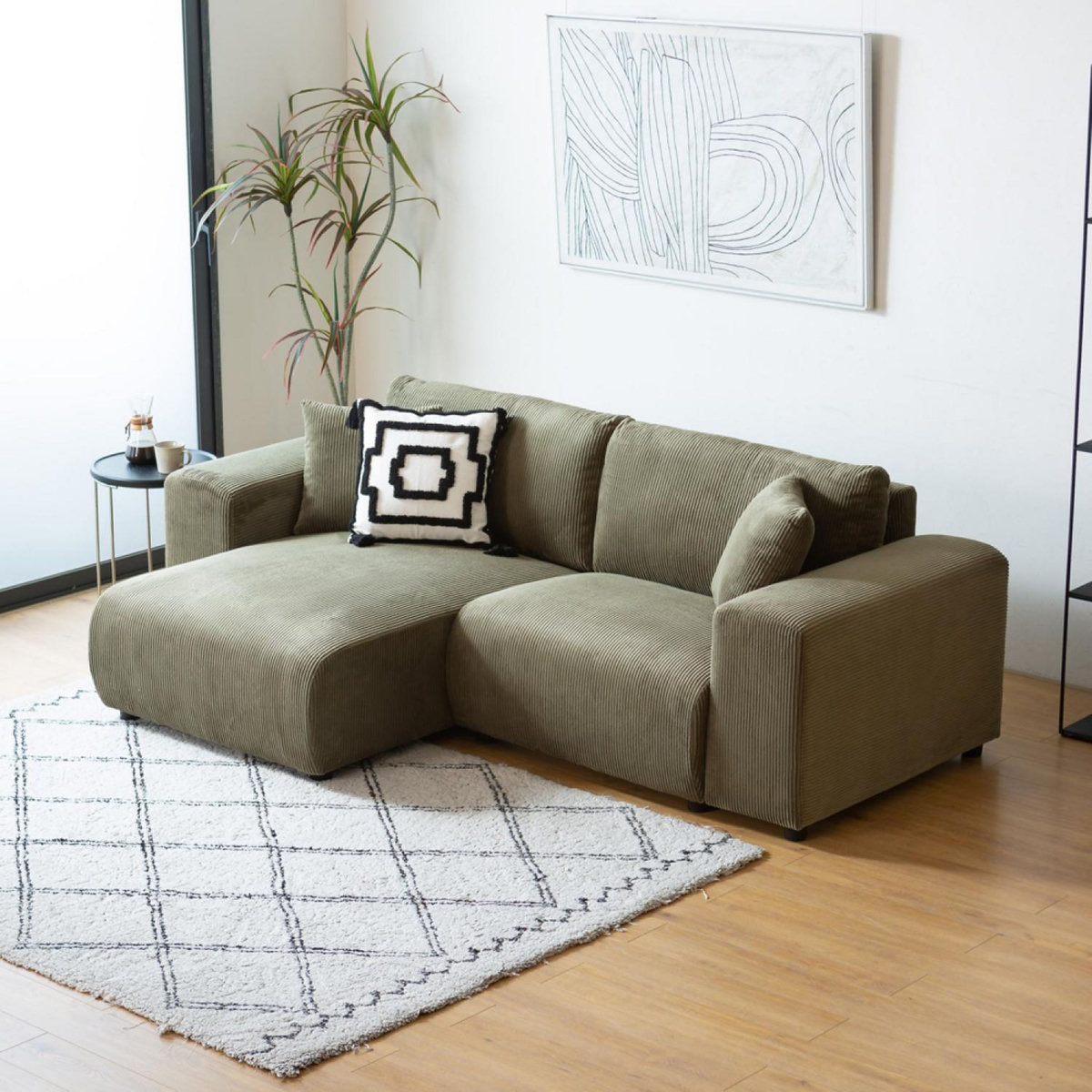 CONCEPT USINE Canapé d'angle réversible 3 places en velours côtelé vert ABERDEEN