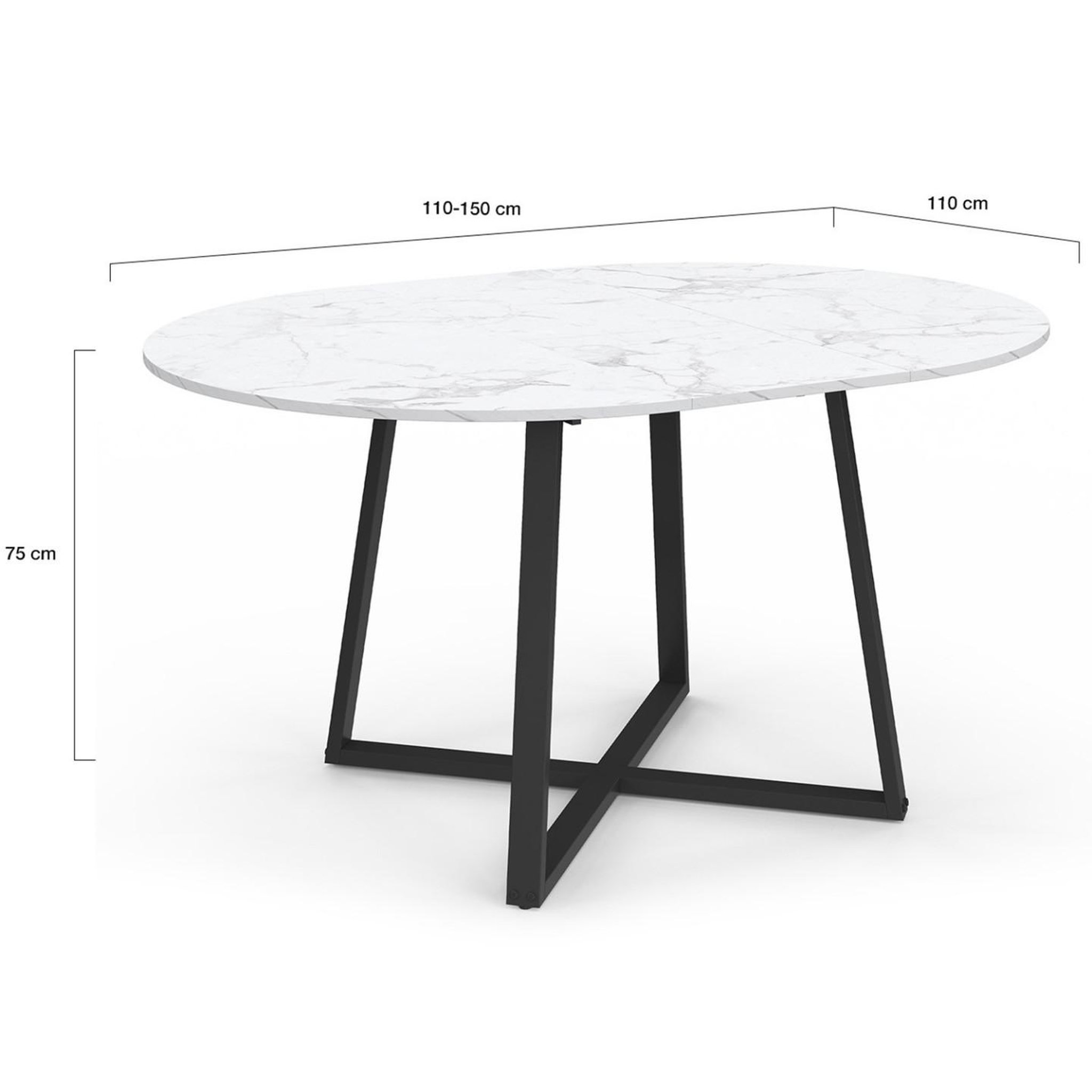 Voir la diapositive 5 : ID MARKET Table à manger extensible ronde selma 4-8 personnes noir et plateau marbre blanc alaska 110-150 cm
