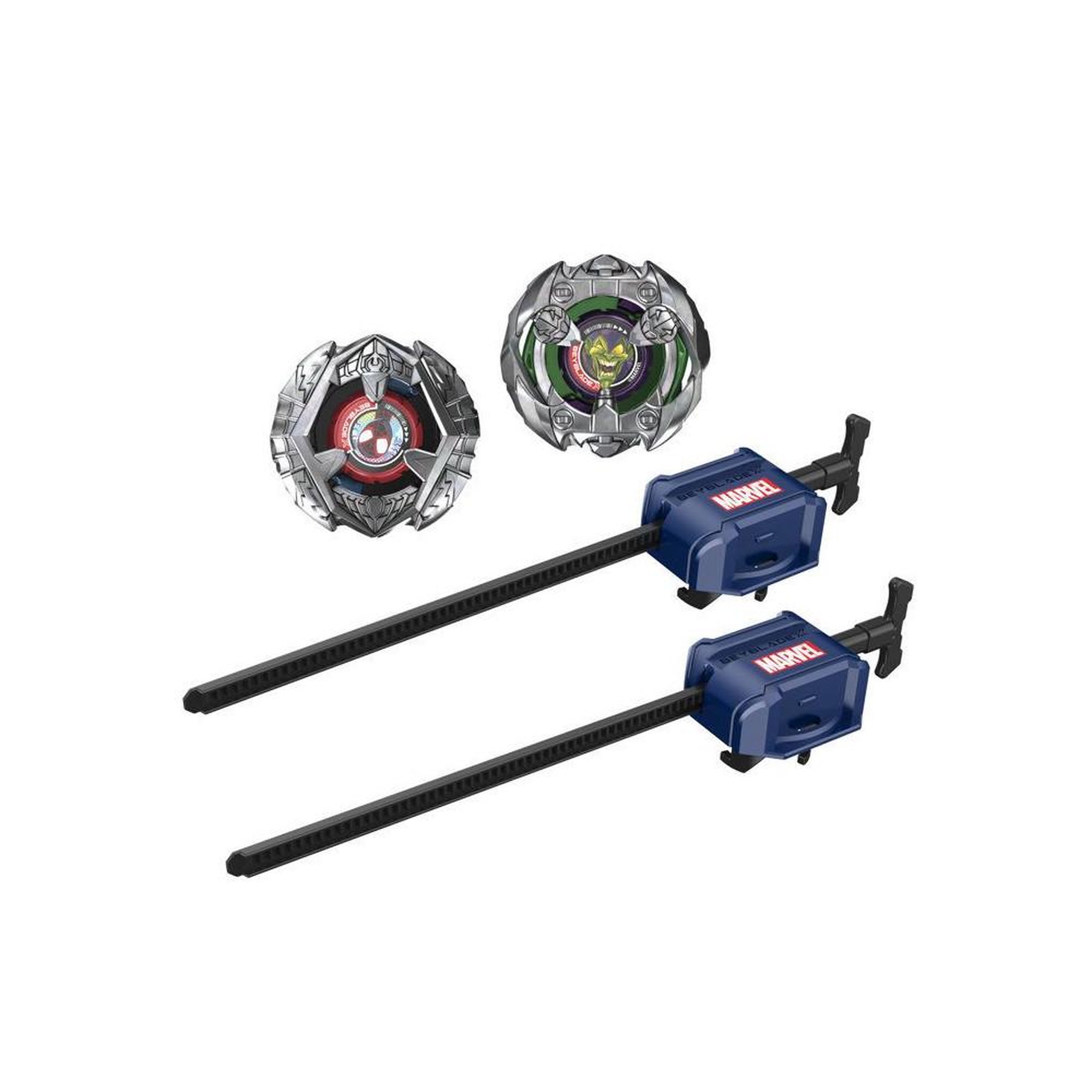 Voir la diapositive 2 : BEYBLADE Coffret beyblade x marvel miles morales 1-60gn vs green goblin 9-80ht, multipack 2 toupies rotation droite et 2 lanceurs, système x-acceleration