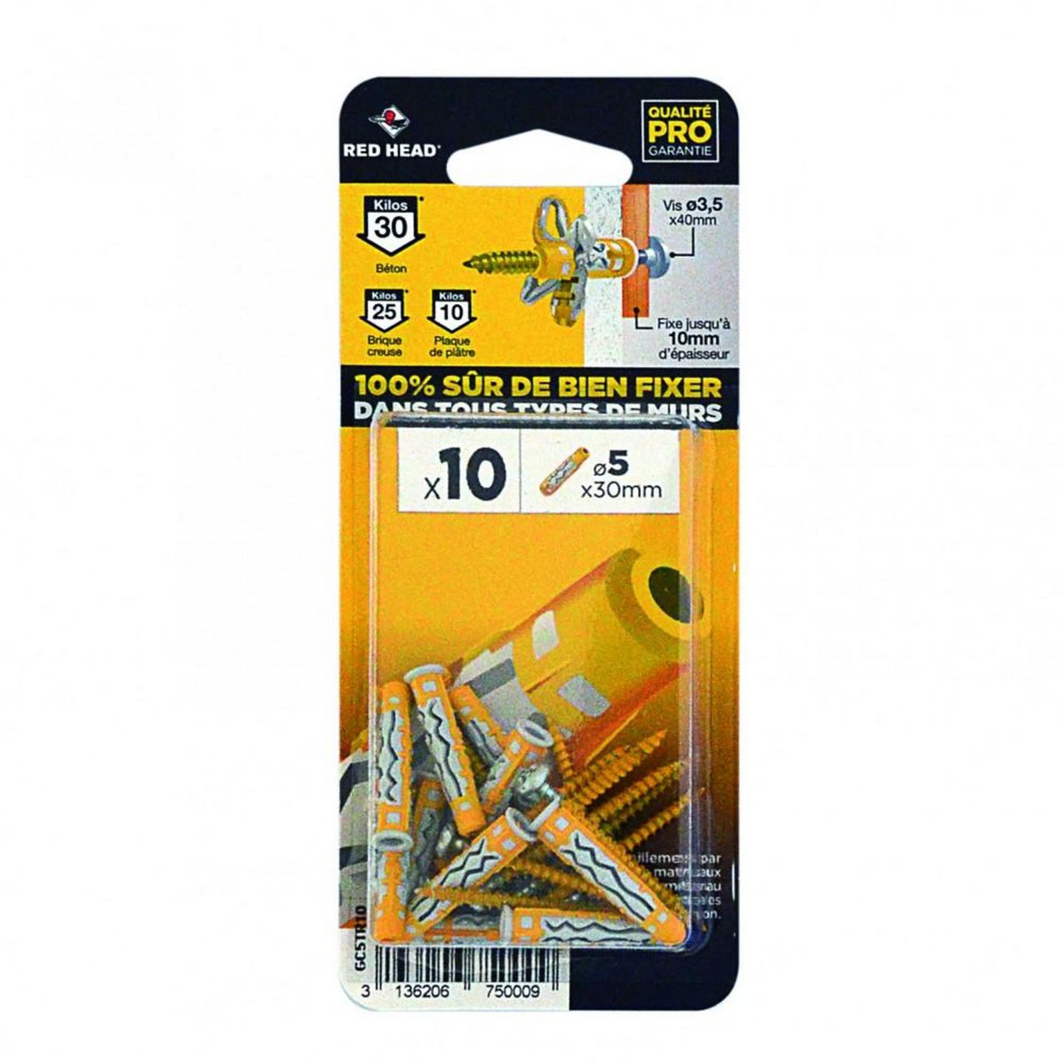 RED HEAD Lot de 10 cheville et vis couleur RED HEAD, Diam.5 mm x L.30 mm