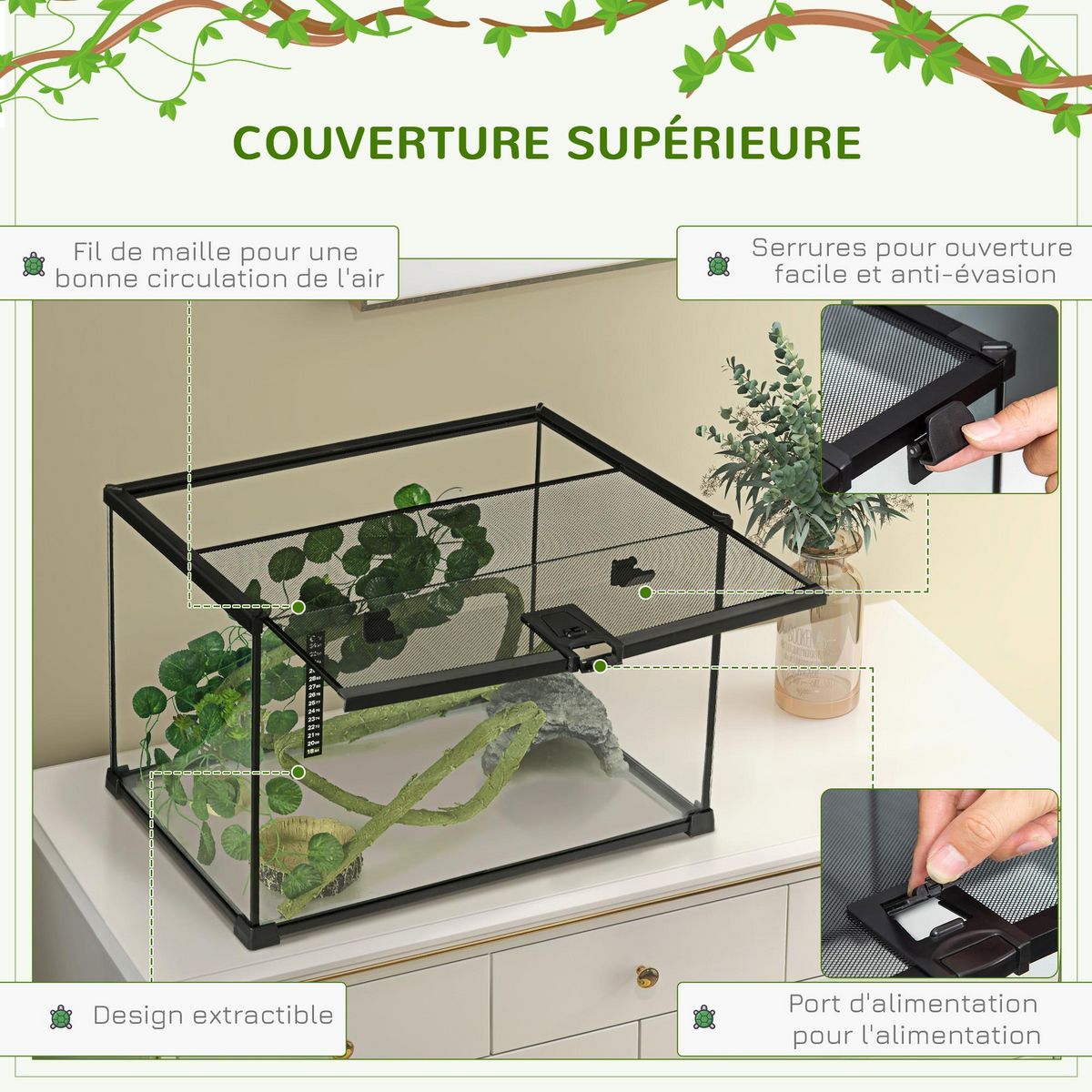 PAWHUT Terrarium verre transparent - couvercle treillis métallique coulissant verrouillable, trappe, distributeur eau, thermomètre - noir