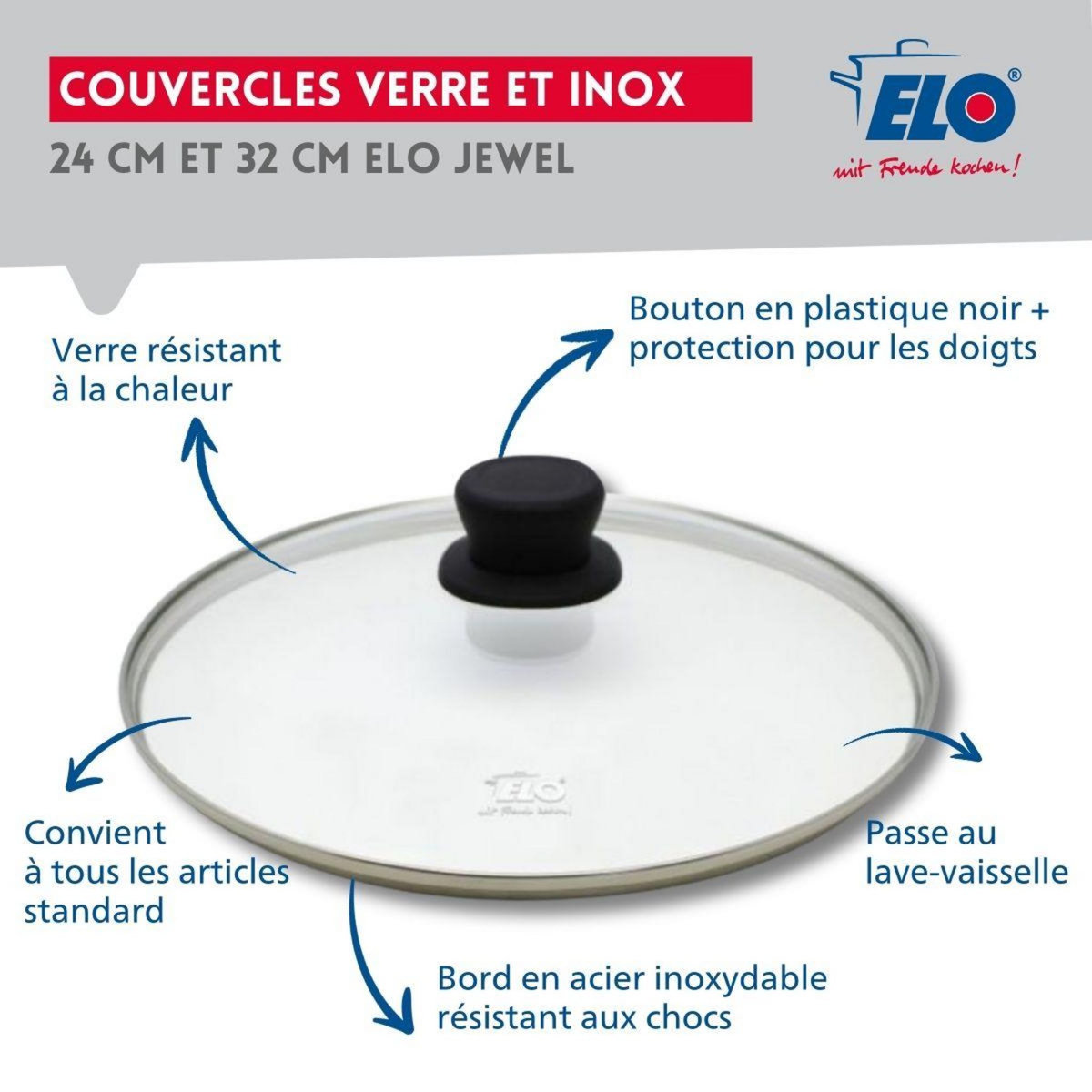 ELO Set de 2 Poêles 28 et 32 cm céramique sans PFAS et 2 couvercles en verre Profi Therm Platinum Elo