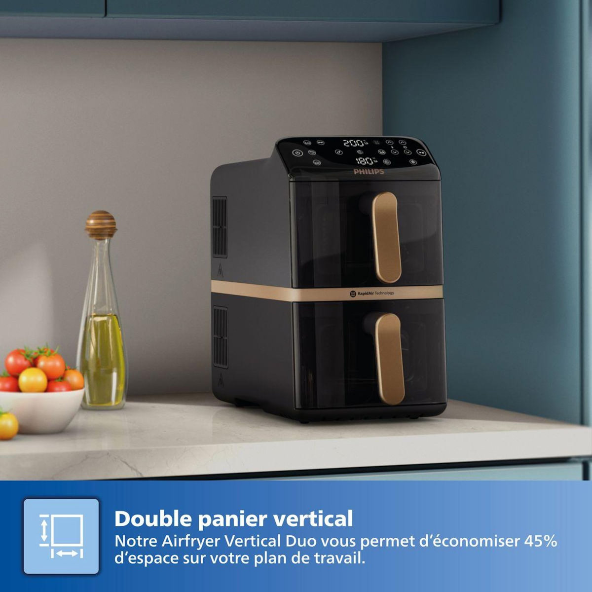 Philips Airfryer NA462/70 Friteuse sans huile Vertical Duo Noir/Cuivre, Série 4000 10L (5+5L)